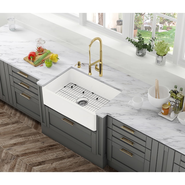 Matte White Single Bowl Kitchen Sink, White Kitchen Cabinets With Farm Sink