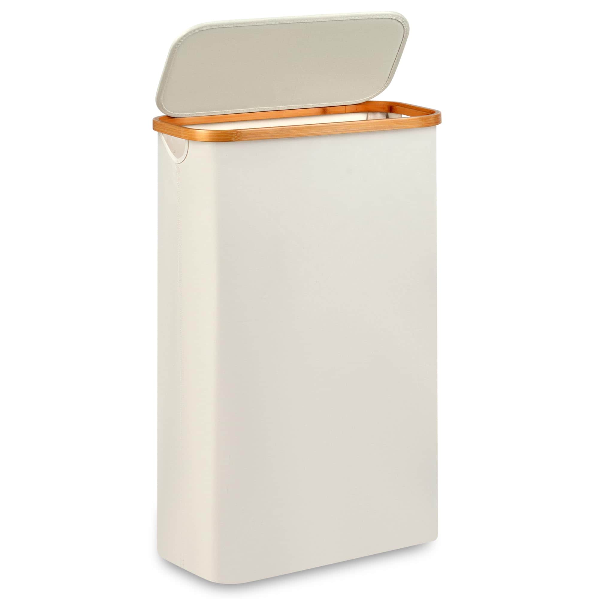 Linder Group Inc Slim Laundry Hamper with Lid Narrow 60L Clothes Basket Space Saving Organizer with Bamboo Handle for Towels Toys and Clothes Beige Foldable