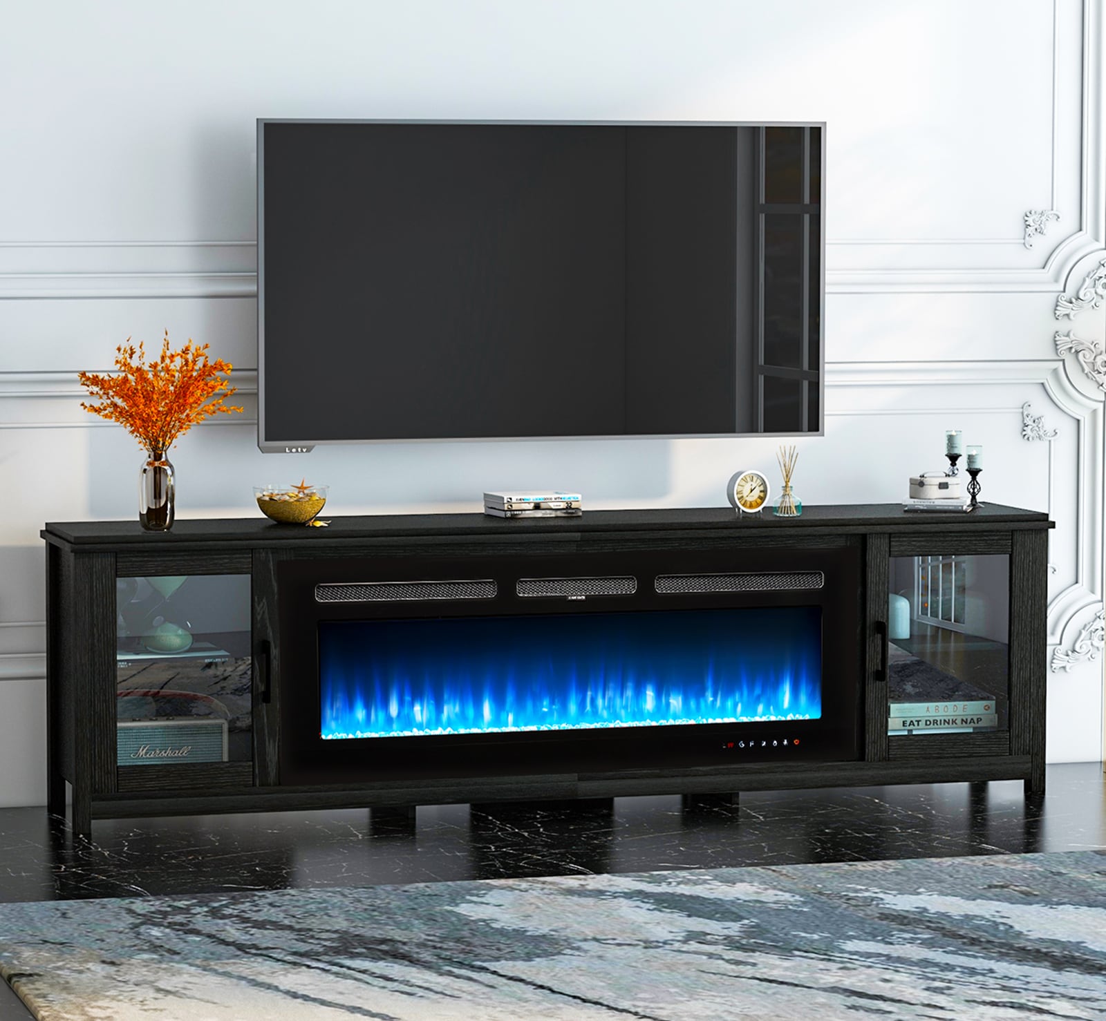 AOXUN 80.7-in W Black TV Stand with LED Electric Fireplace H21029+H20025 Sansujyuku sansujyuku.com