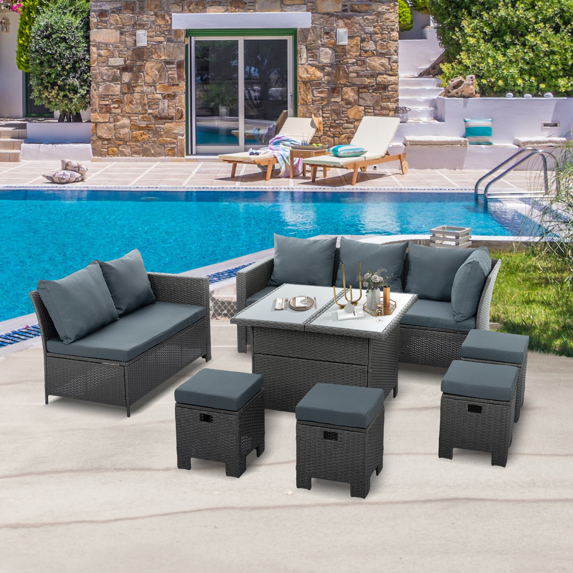 Bayfeve BF-0007UE 8 -Piece Patio Conversation Set with Gray Cushions