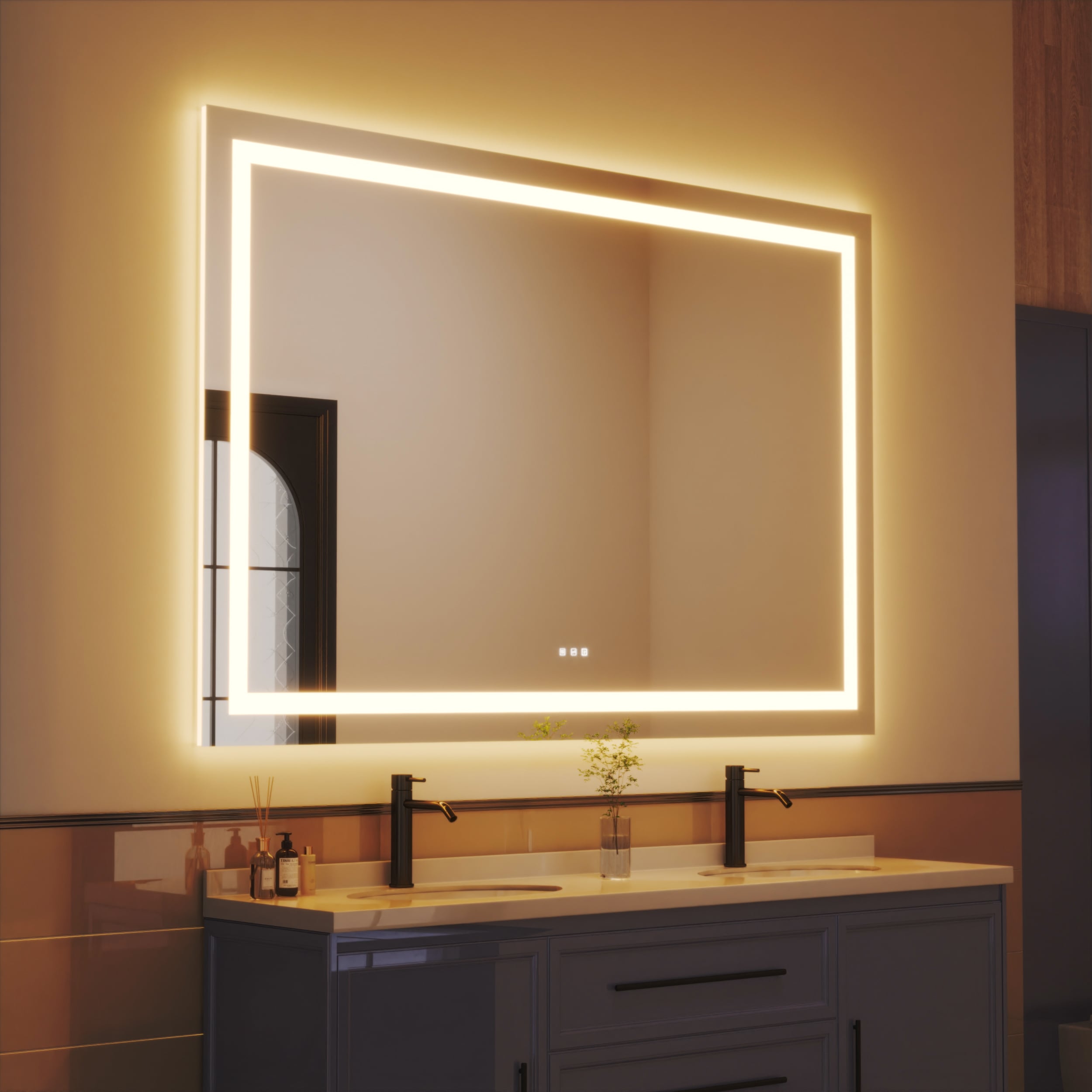 waterpar WPLO-2319 Backlit + Frontlit 72-in x 48-in Polished Frameless Rectangle Dimmable Lighted Fog Free Bathroom Vanity Mirror ( Clear )