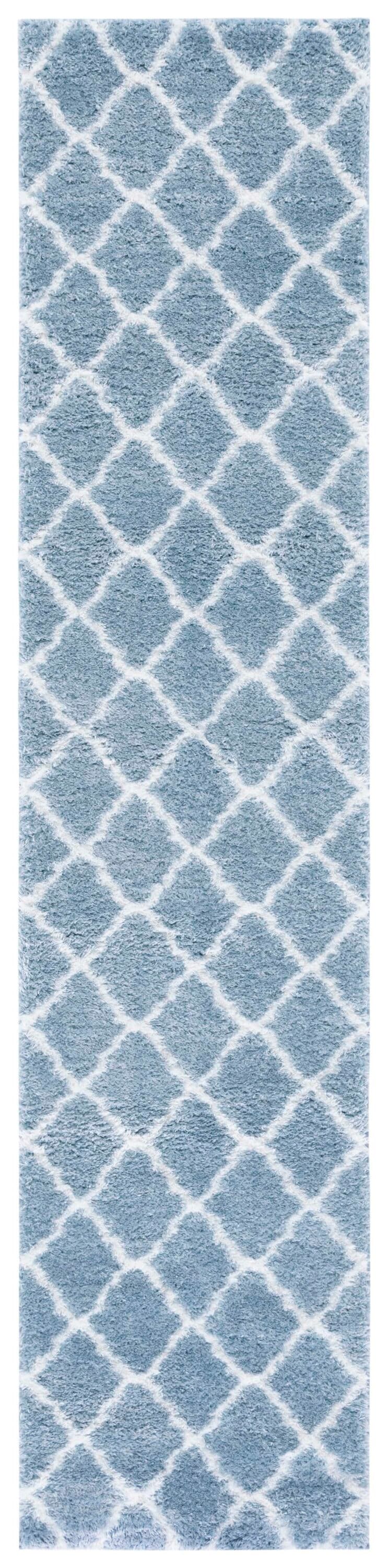 Blue and White Synthetic Shag Runner Rug 2 x 9 ft