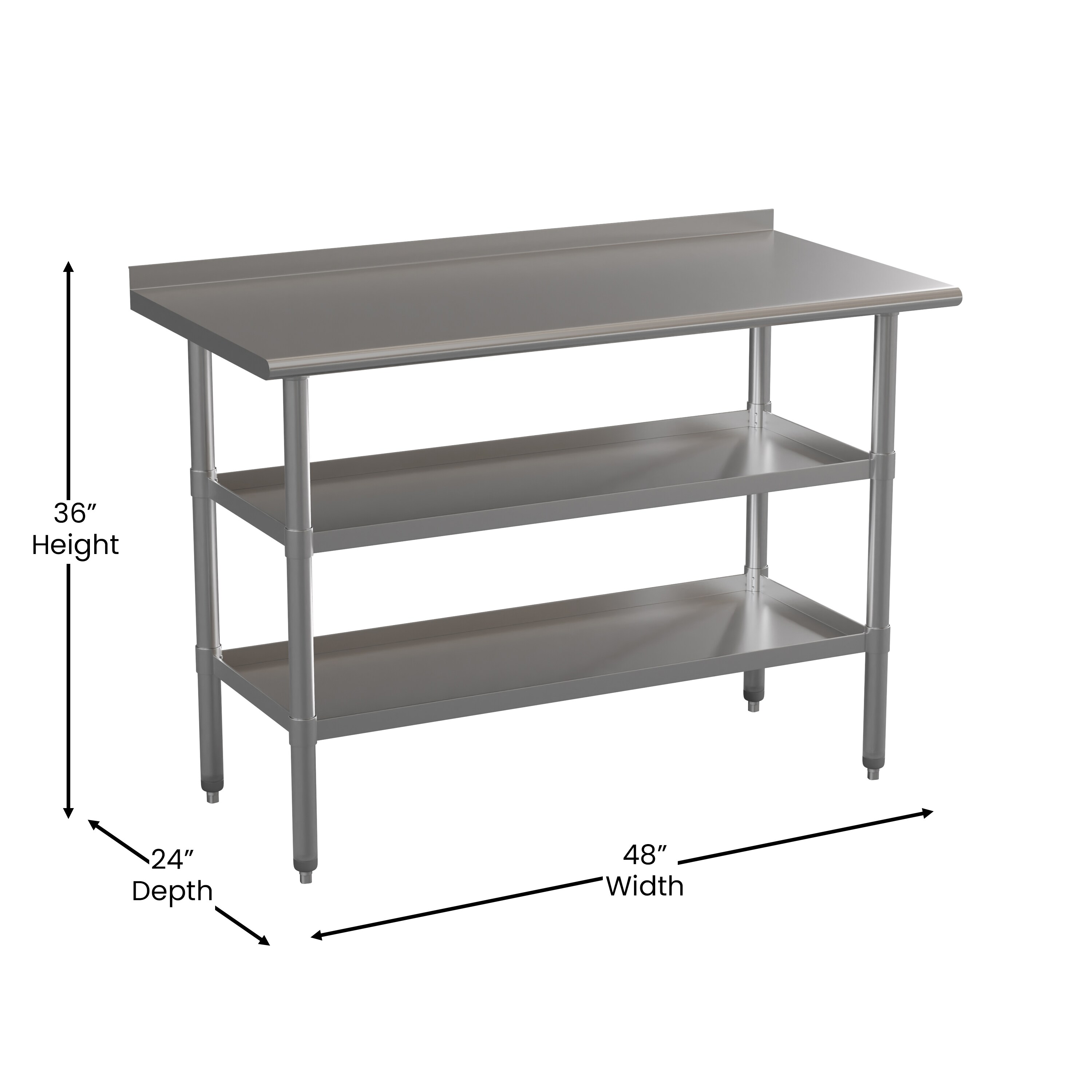 48" Silver Stainless Steel Kitchen Work Table with Backsplash and Shelves