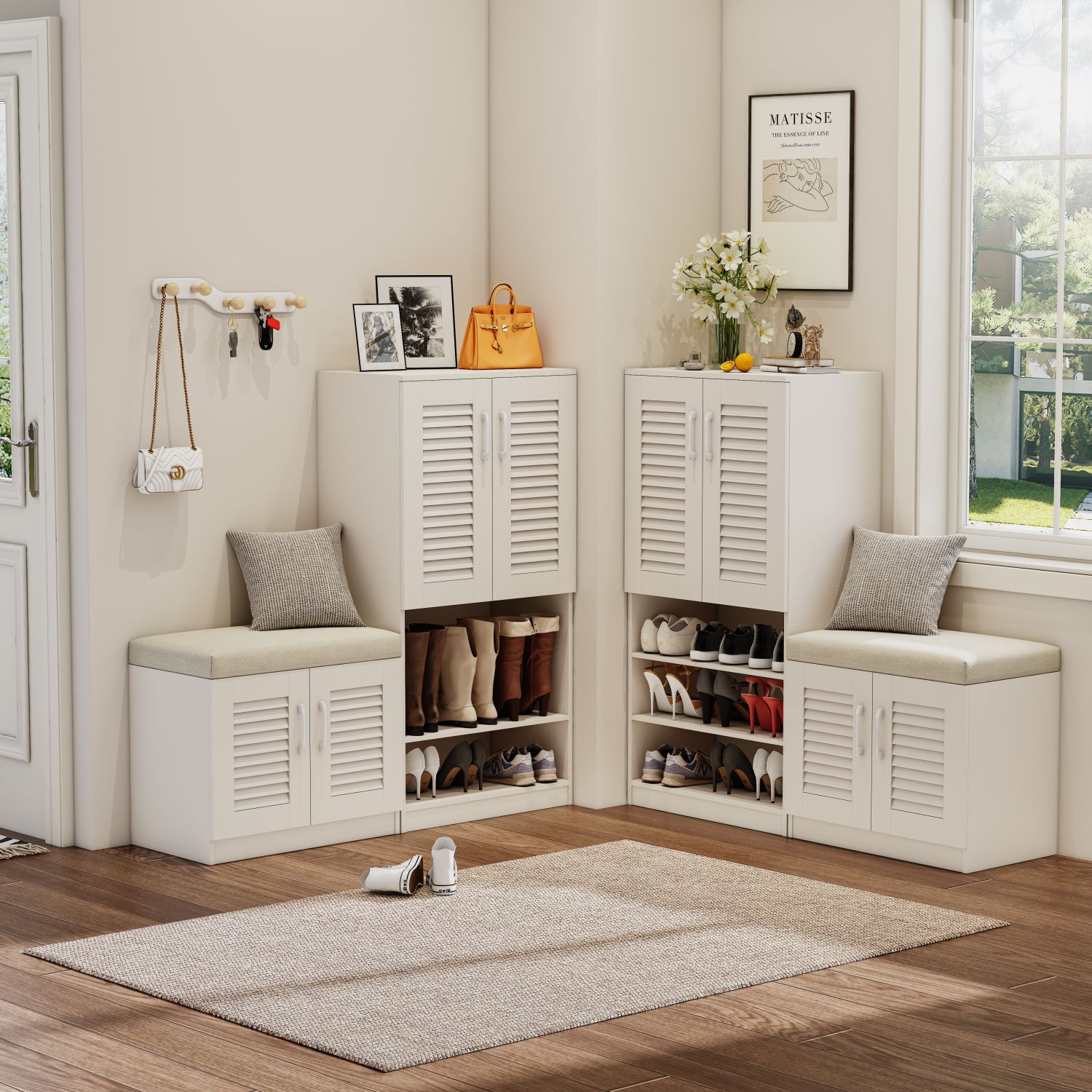 JUSHUA Multi functional Shoe Storage Cabinet with Bench and 7 plus 3 Storage compartment Adjustable layer board Shoe Bench with Cushion for Entryway Freestanding Shoe Rack for Entryway Mudroom Hallway white