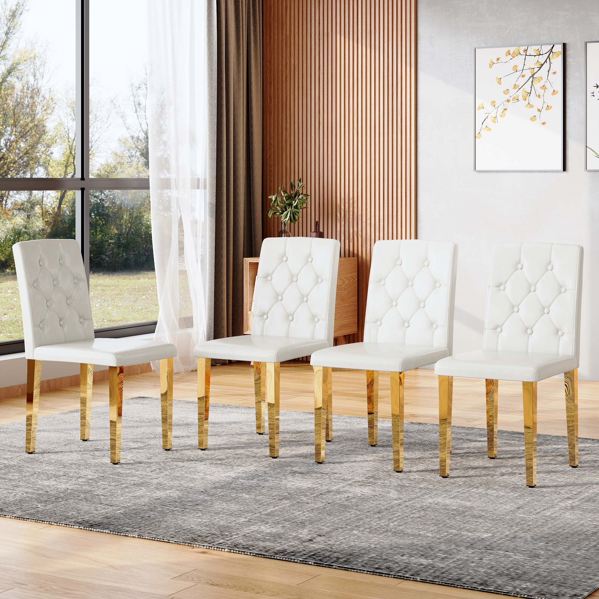 LOVMOR 4 pack white PU dining chairs: ergonomic buckle backrest 35 inches high golden metal legs Combines Comfort and Texture.Perfectly suitable for family dining rooms hotel banquet halls etc.