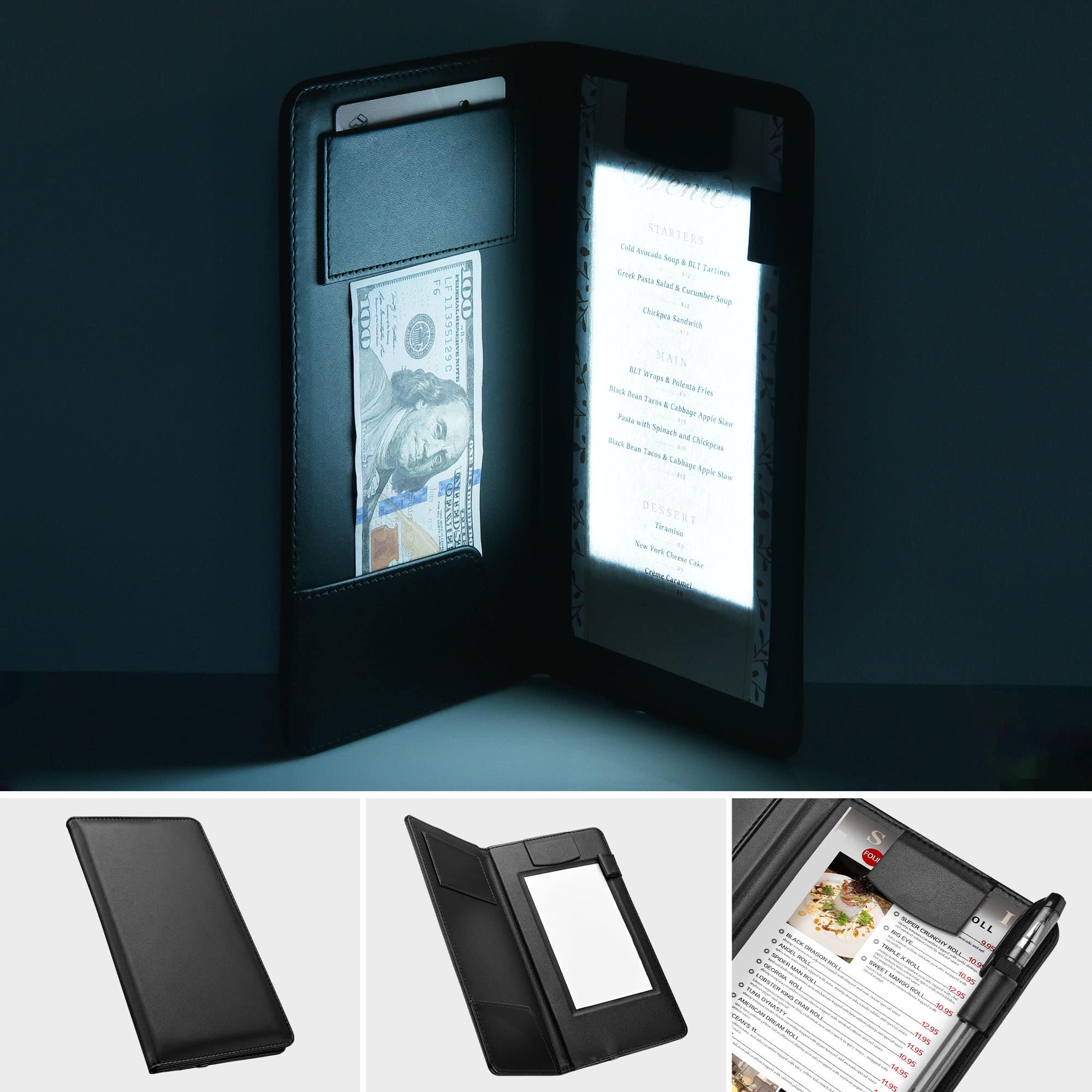 Yescom 26MNC014-L5X9CH-LO Wechef Folding LED Backlit Illuminated Black Leatherette Check Presenter menu Holder