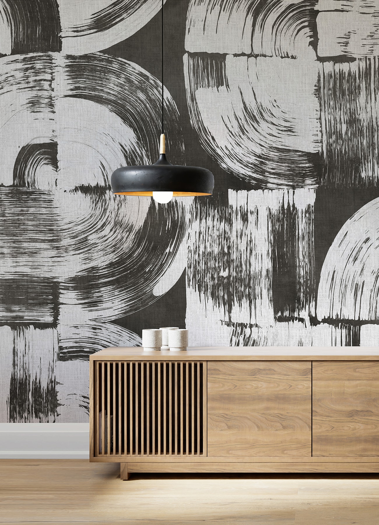 Large Black and White Geometric Brushstroke Wall Mural