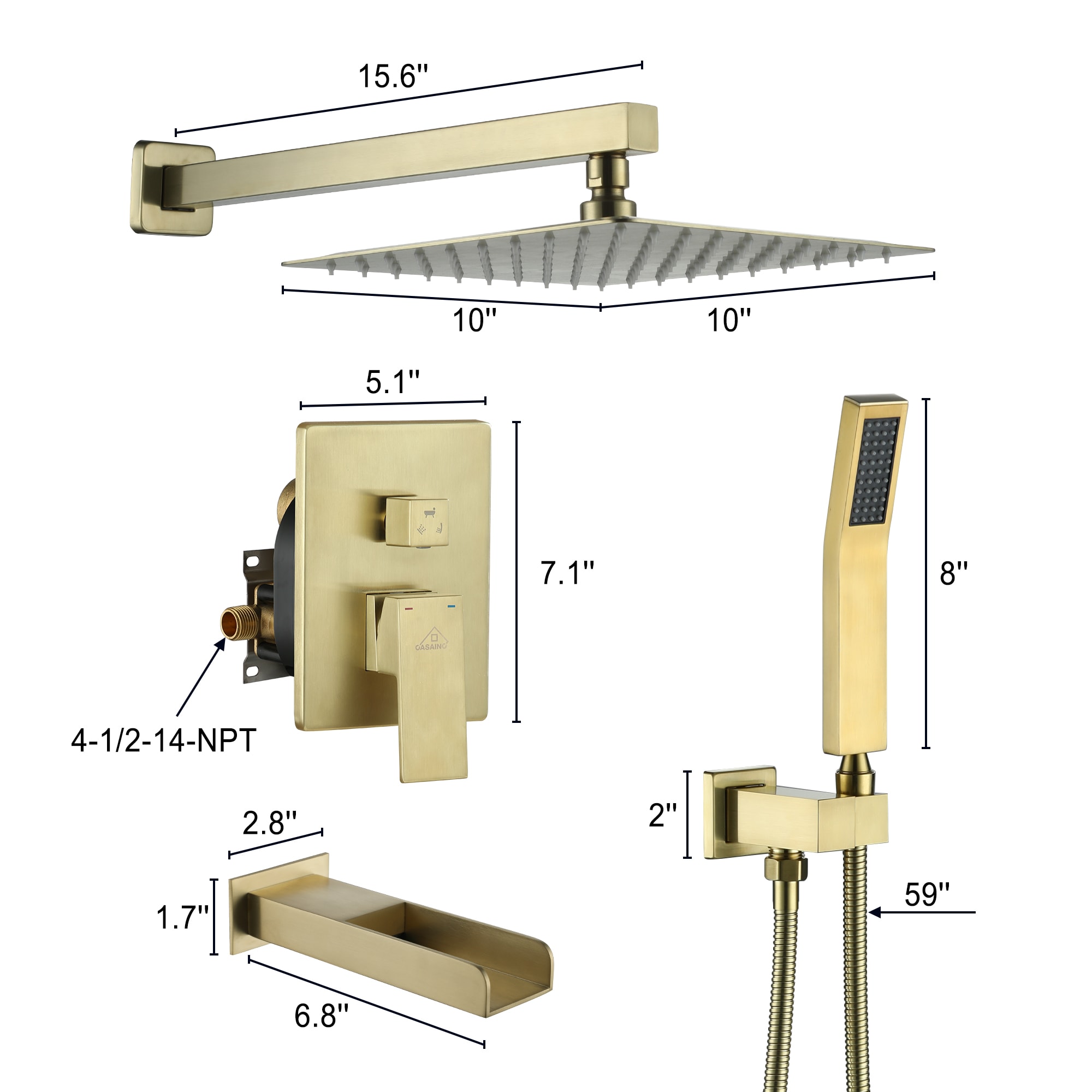 CASAINC Brushed Gold Waterfall Built-In Shower System With 3-way ...