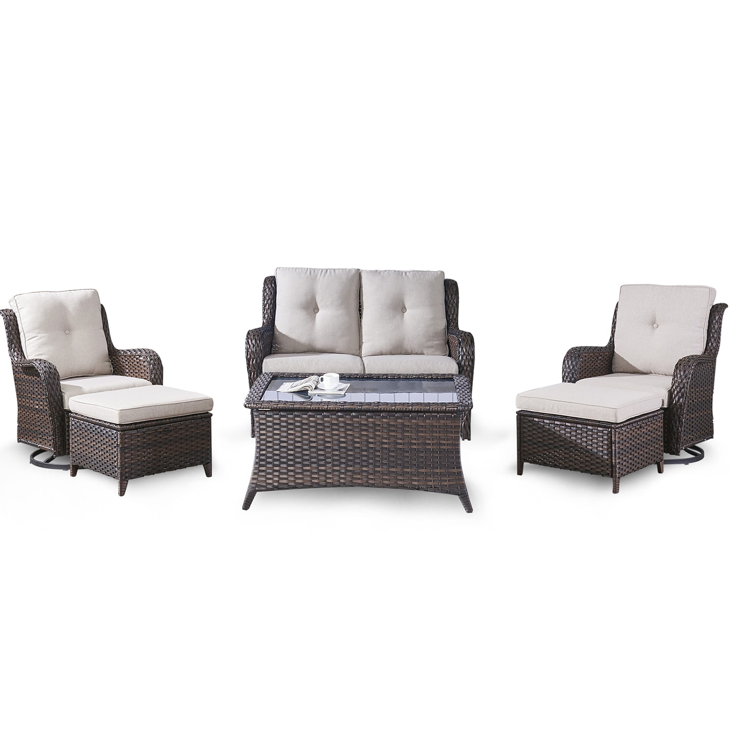 Rilyson FS038018023014-2 Curved Handrail 6 -Piece Wicker Patio Conversation Set with Multiple color/finishes Cushions
