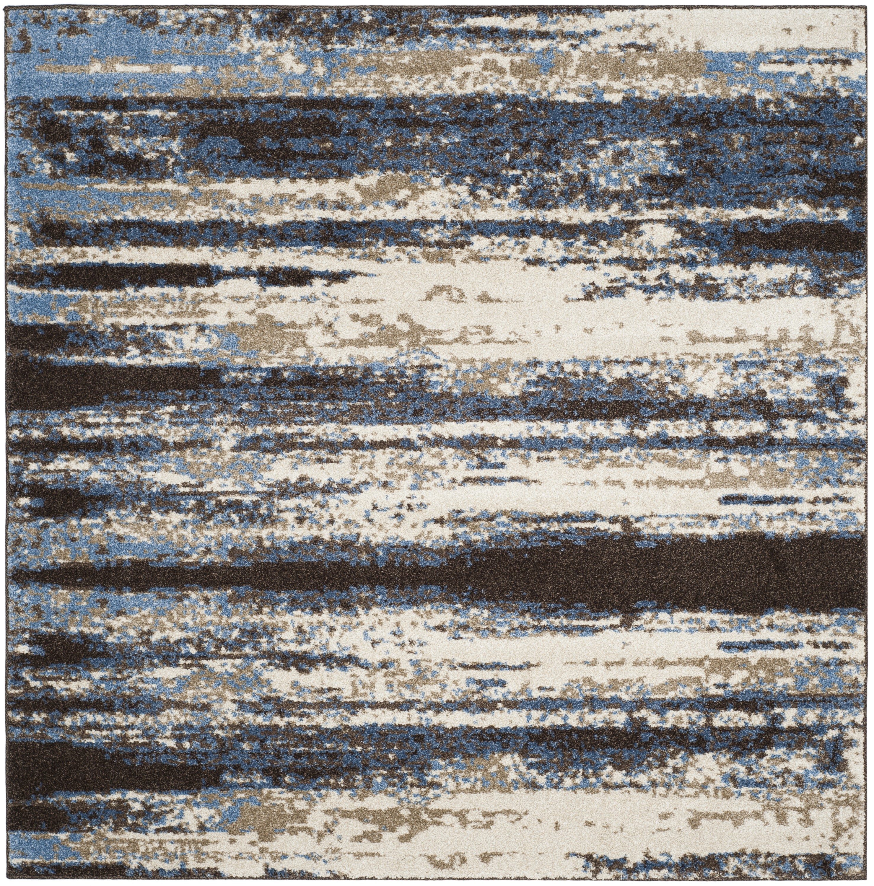 Cream & Blue Abstract Shag 8' Square Synthetic Rug