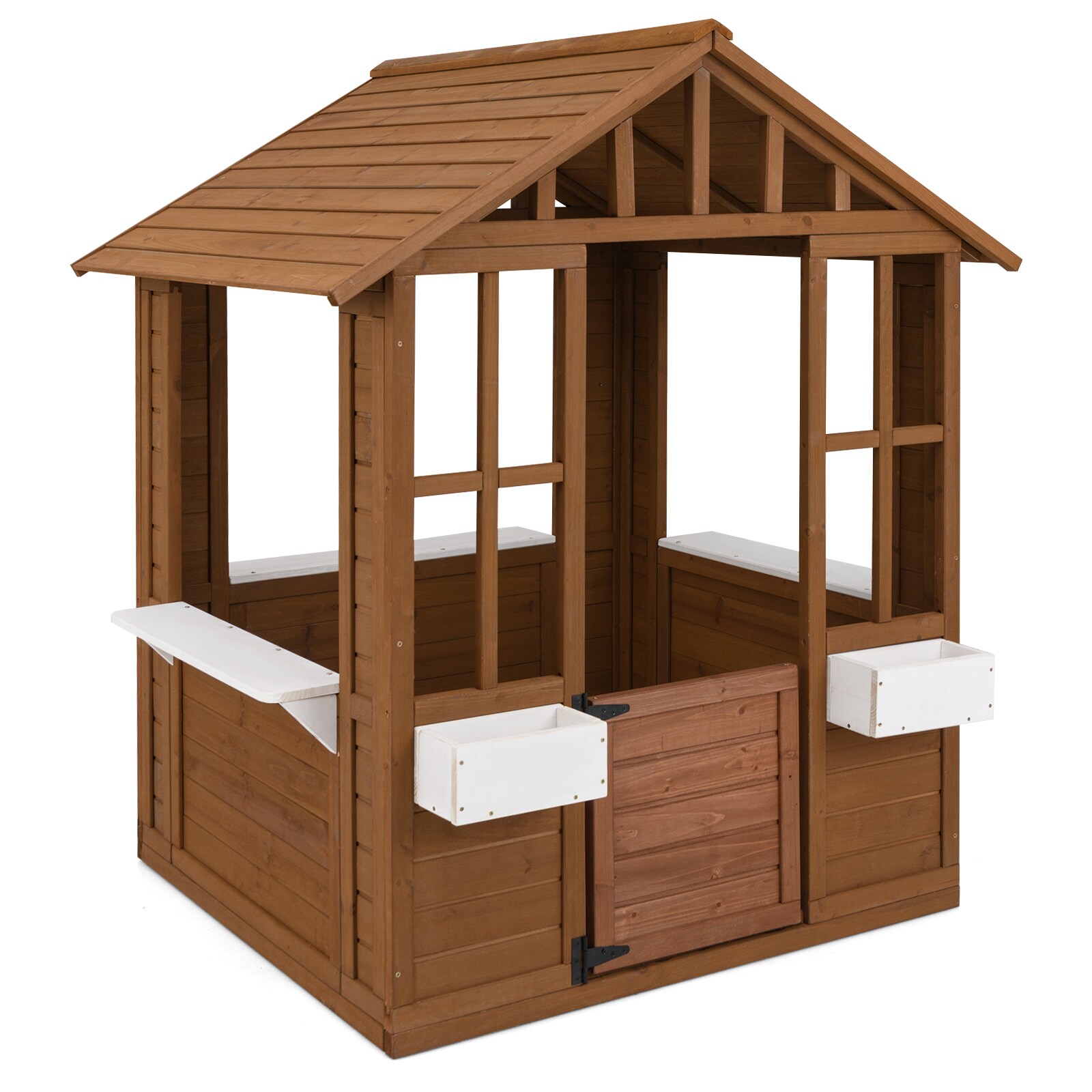 SUGIFT Outdoor Wooden Playhouse for Kids with 3 Serving Window Stations 2 Plant Holders and Hinged Door Fir Wood Backyard Play House