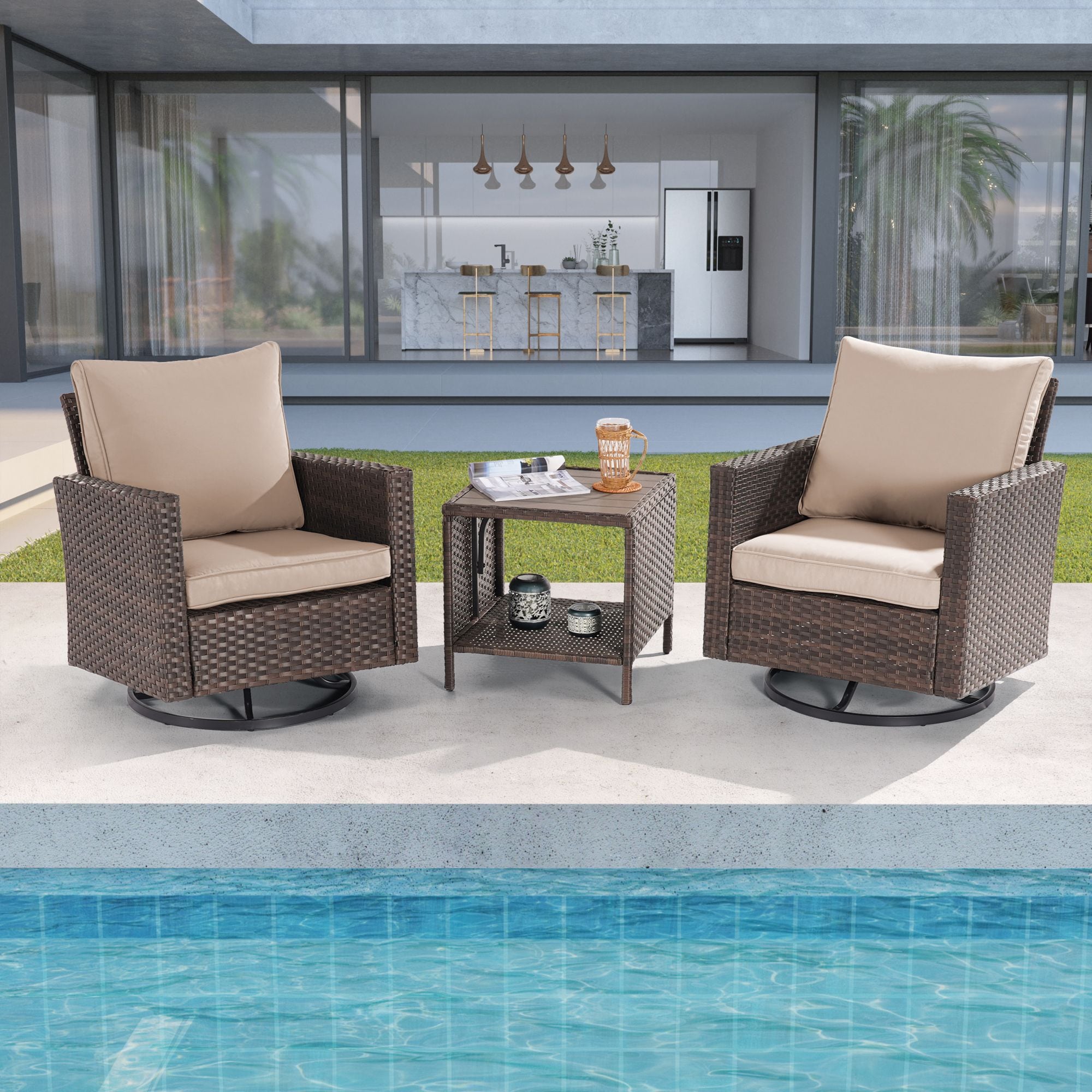 ACEGOSES LW-2R-BSD-T3 Patio Swivel Rocking Chairs 3 -Piece Wicker Patio Conversation Set with Tan Cushions