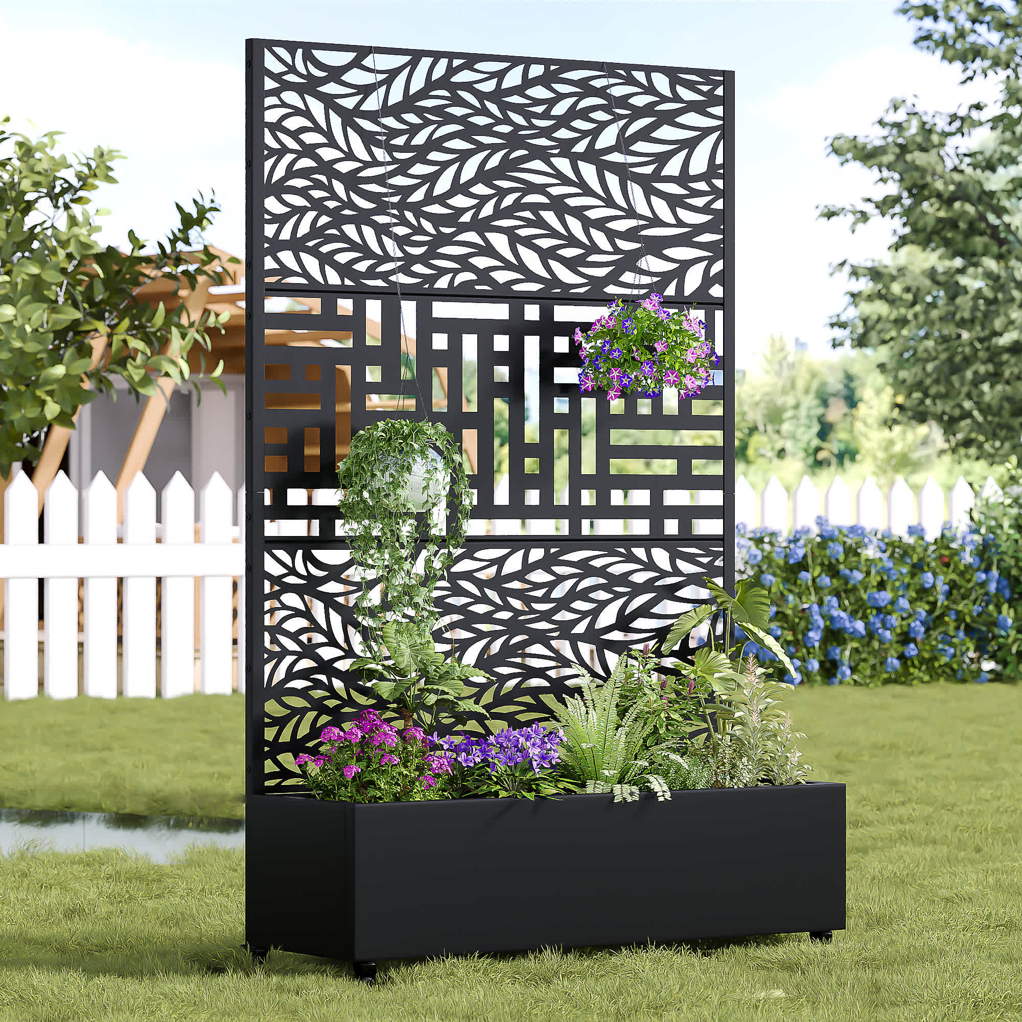 Misty Moon LW0406-SYJZZX-H91 72-in H x 47-in L x 16-in W Black Metal Planter with Trellis Metal Raised Garden Bed Outdoor Standing Flower Beds with Drainage Holes