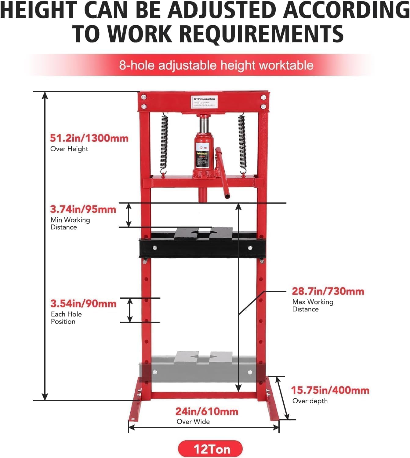 Qeetex YHC-012WWEGB 12 Ton Steel Hydraulic Shop Press with Bottle Jack h Frame Adjustable for Metalworking Bearing Removal Repair