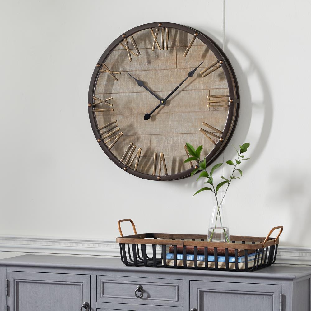 Grayson Lane Round Wood Wall Clock with Antique Gold Roman Numerals and ...