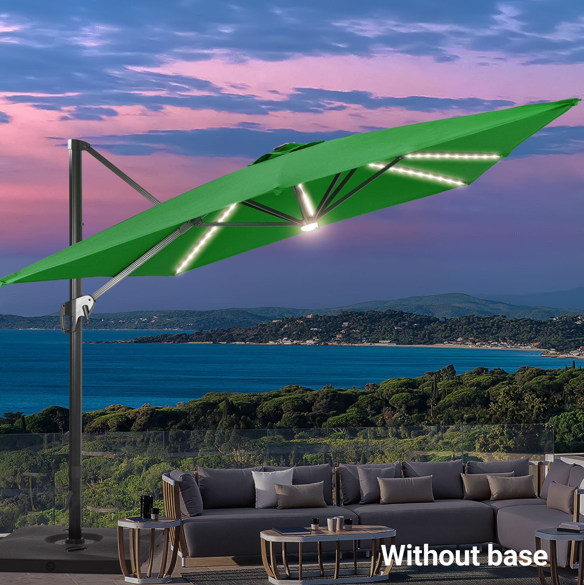 11.5-ft Aluminum Rectangular Kelly Green No-tilt Cantilever Patio Umbrella with Lights | - Sonkuki SD-NB2735-LEDKG