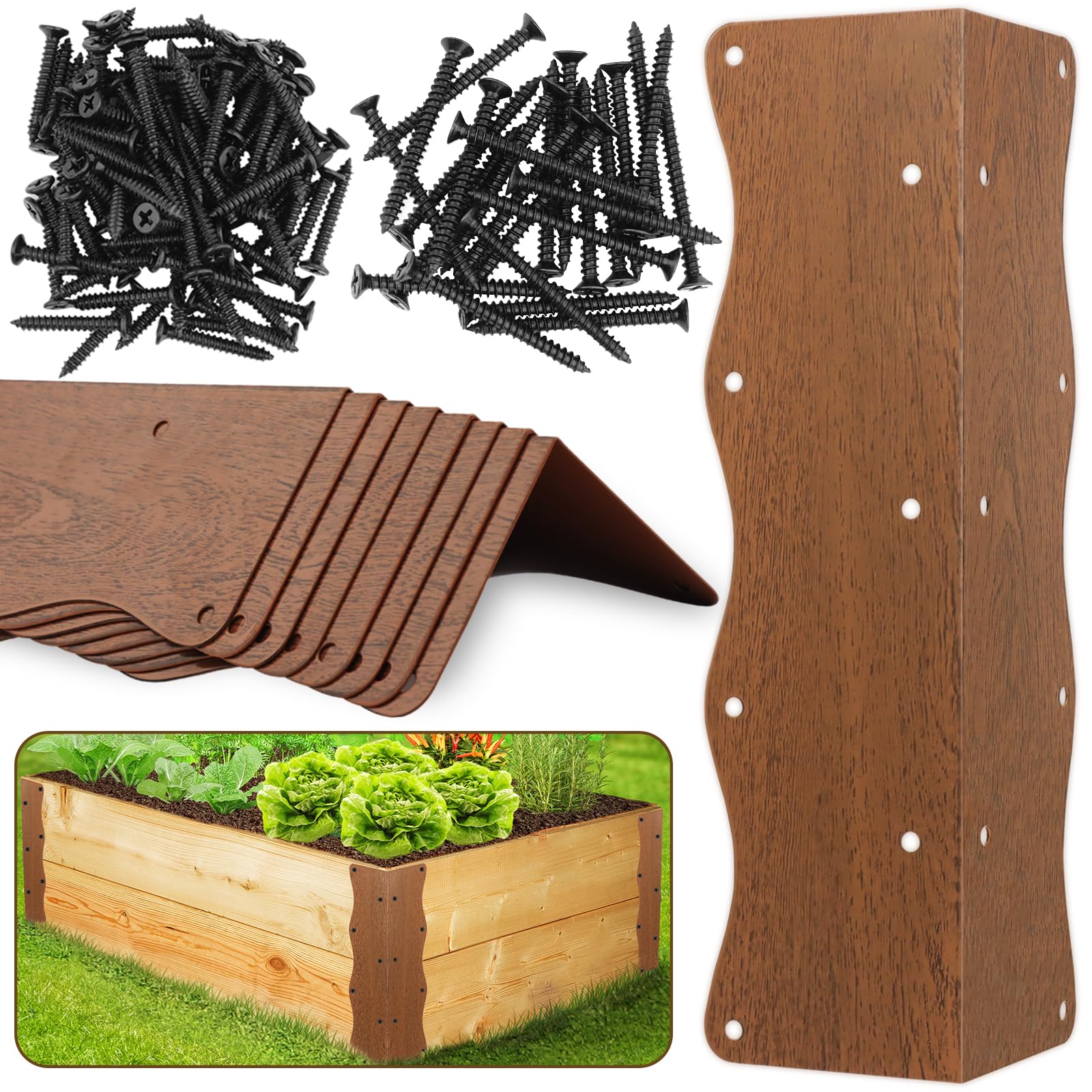 JVFCXXV  8 Pcs Raised Garden Bed Corner Brackets Heavy Duty Metal L-Shape Wood Grain Design Brown 11 in by 3 in by 3 in for 20 to 24 in Raised