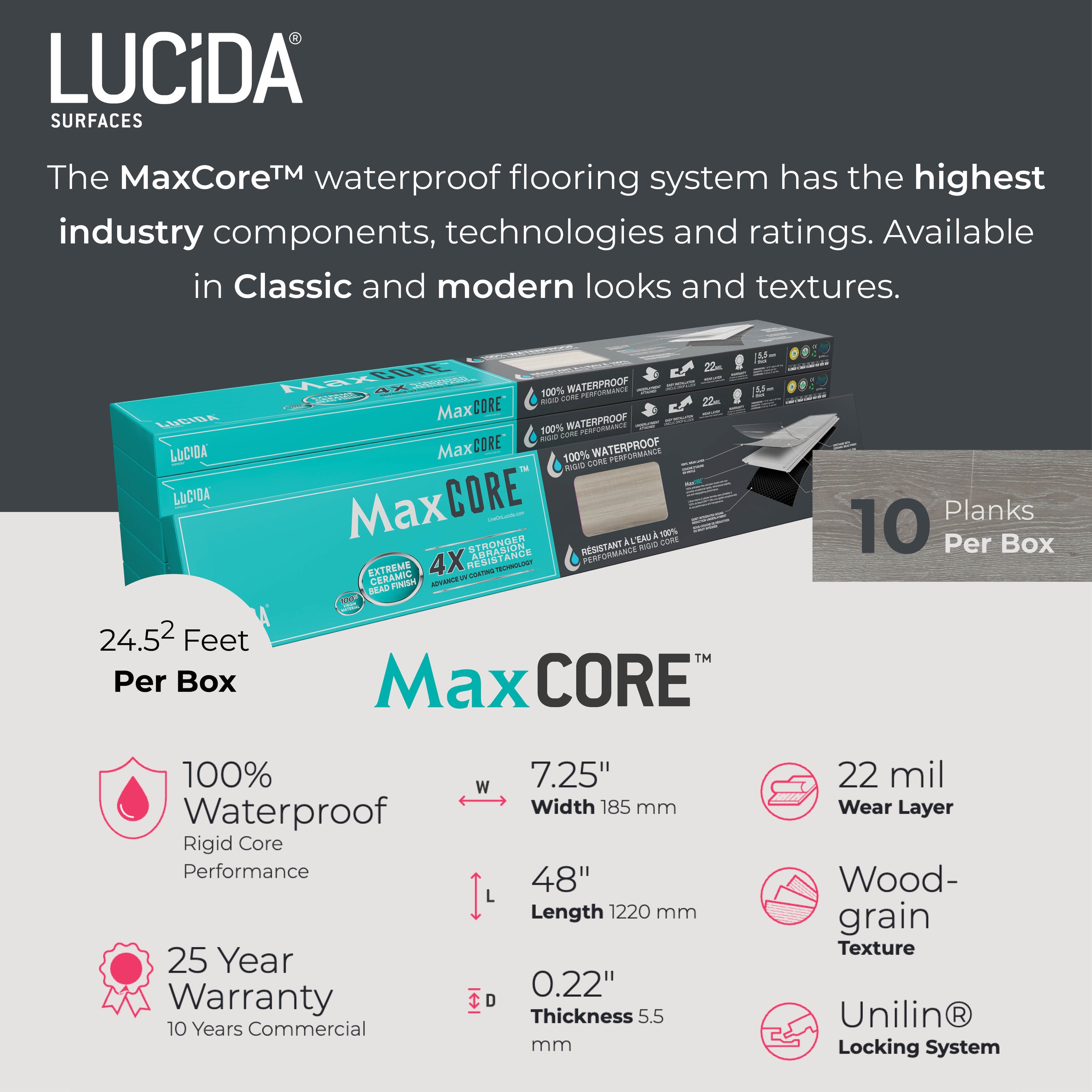 Lucida MC-510 Maxcore 7-5/16 inch Wide Embossed Vinyl Flooring - Storm Black