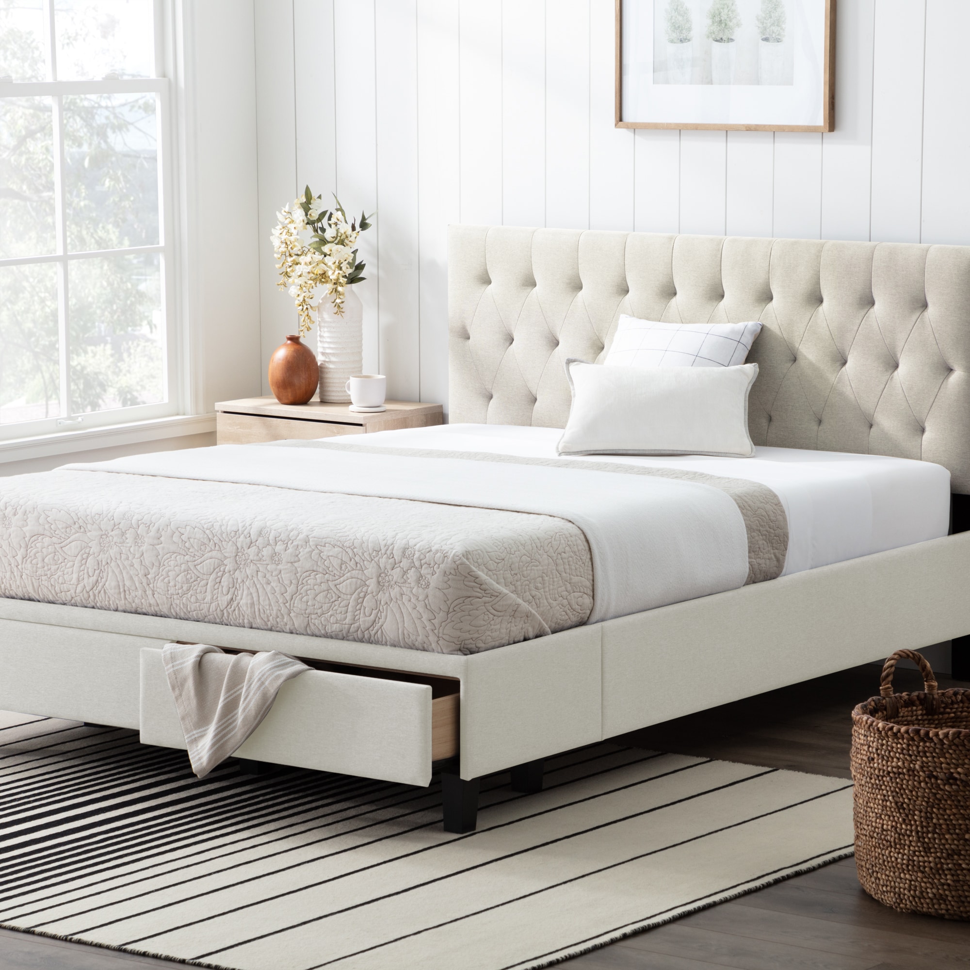 Brookside Anna Cream Queen Platform Bed, Bed Frame Queen Size With Storage