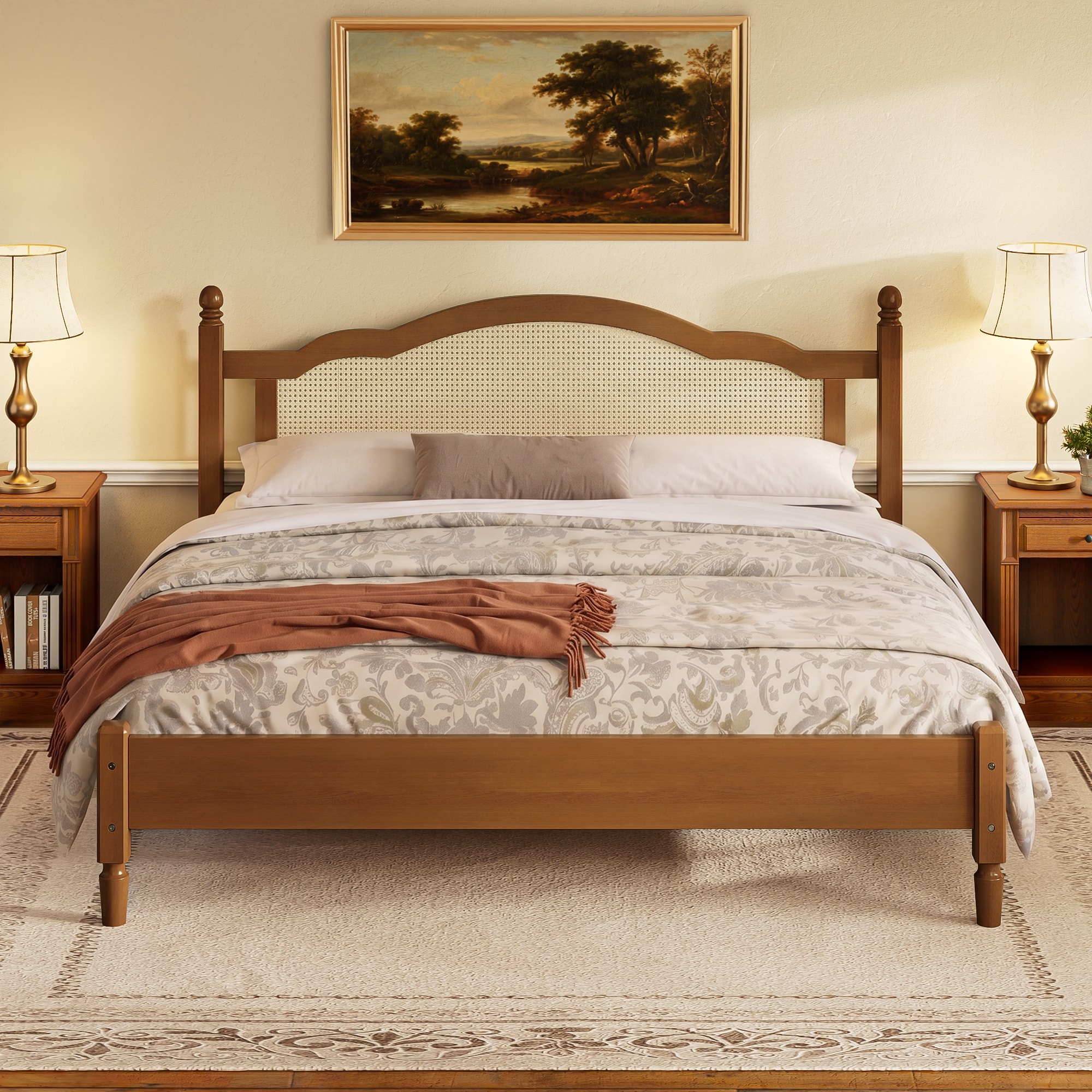 ModernLuxe - Assembly Required King Size Wooden Platform Bed with Natural Rattan Headboard Vintag...