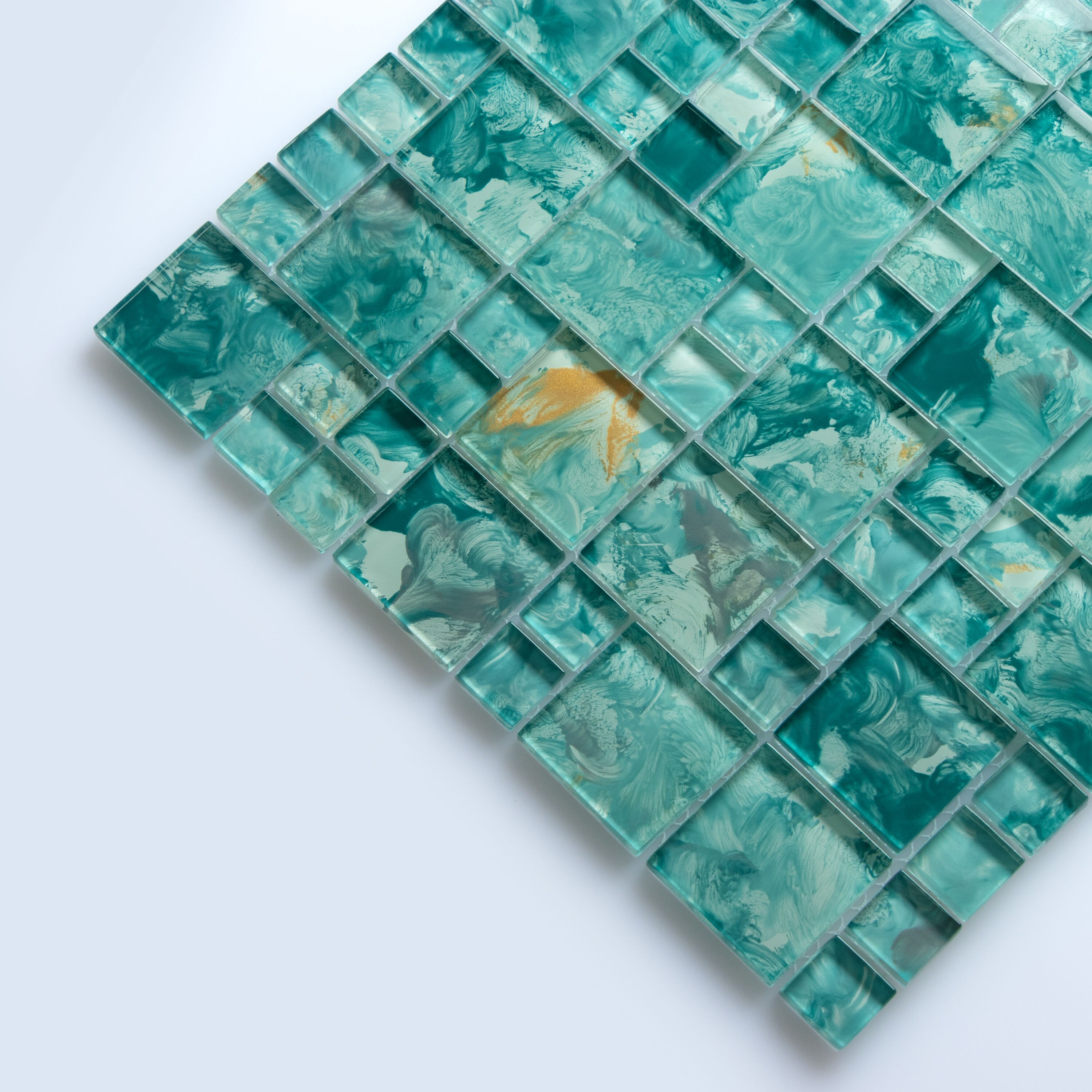 Caribbean Teal Hand-Painted Glass Mosaic Tile