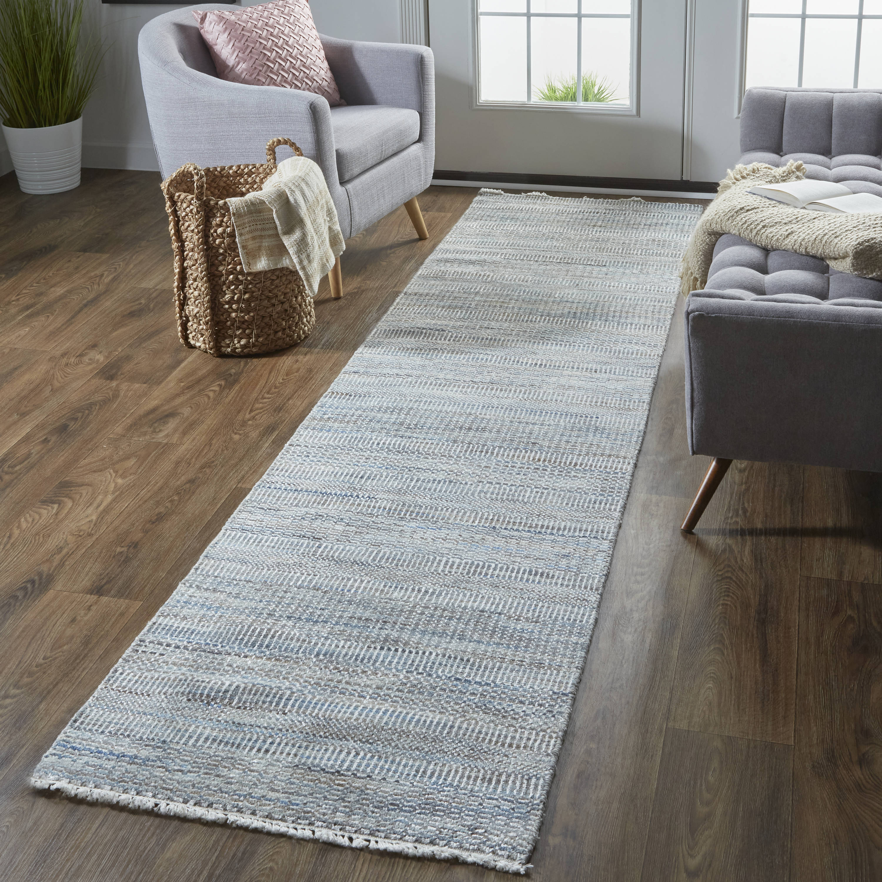 Room Envy I92R6064BLU000I10 Caldecott 3 x 10 (ft) Knotted Wool Steel Gray/Light Gray Rectangular Indoor Stripe Runner rug