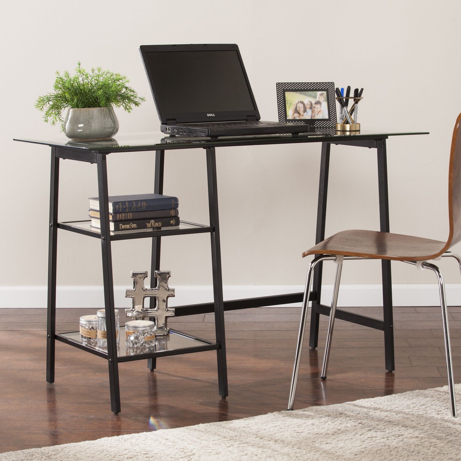 JASMODER B05979323 Avery Metal/Glass Sawhorse/A-Frame Writing Desk - Black