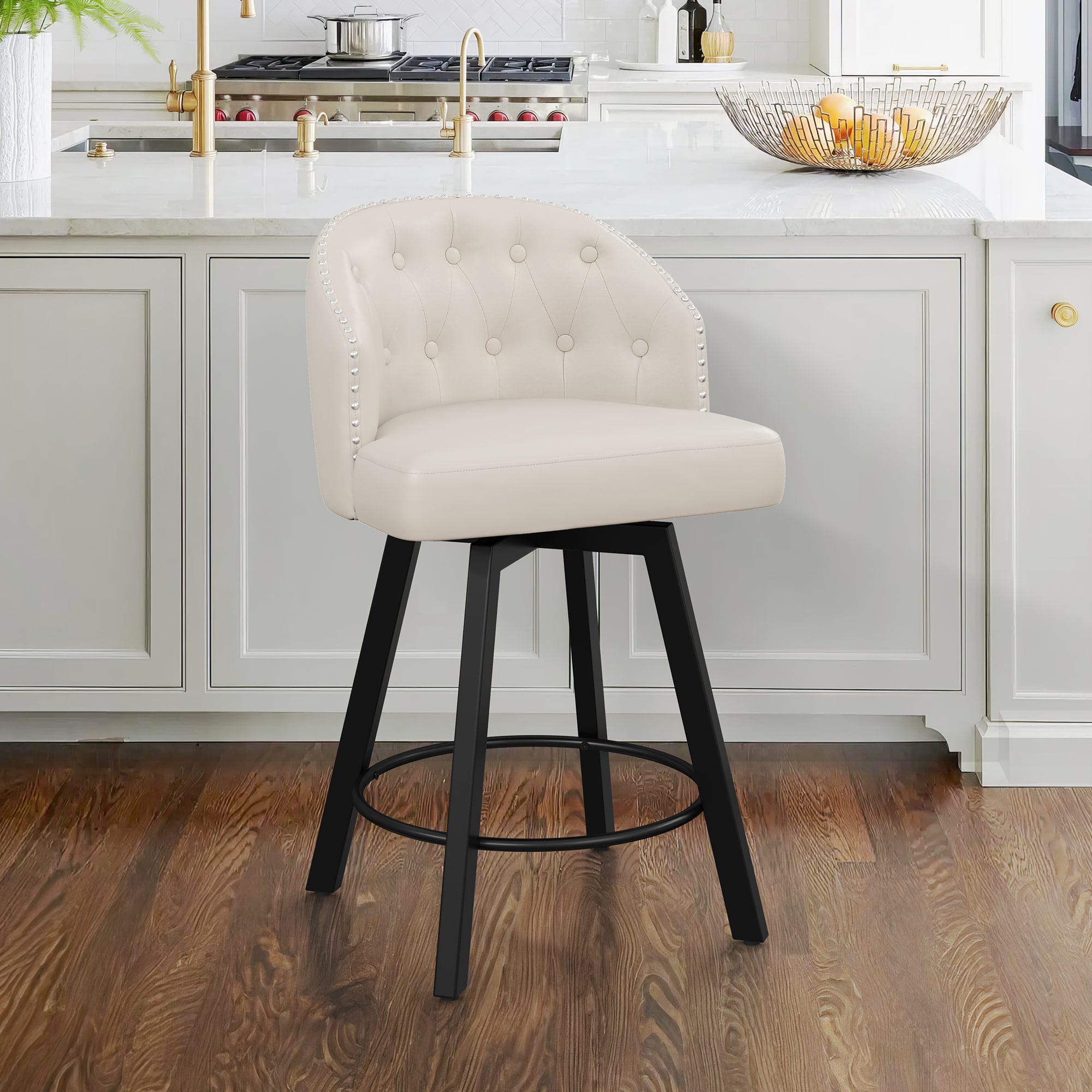 LUE BONA YB-098-02LS Ivory/Faux Leather 26.4-in H Counter height (24-in to 27-in) Square Seat Upholstered Swivel Metal Back Bar Stool Back