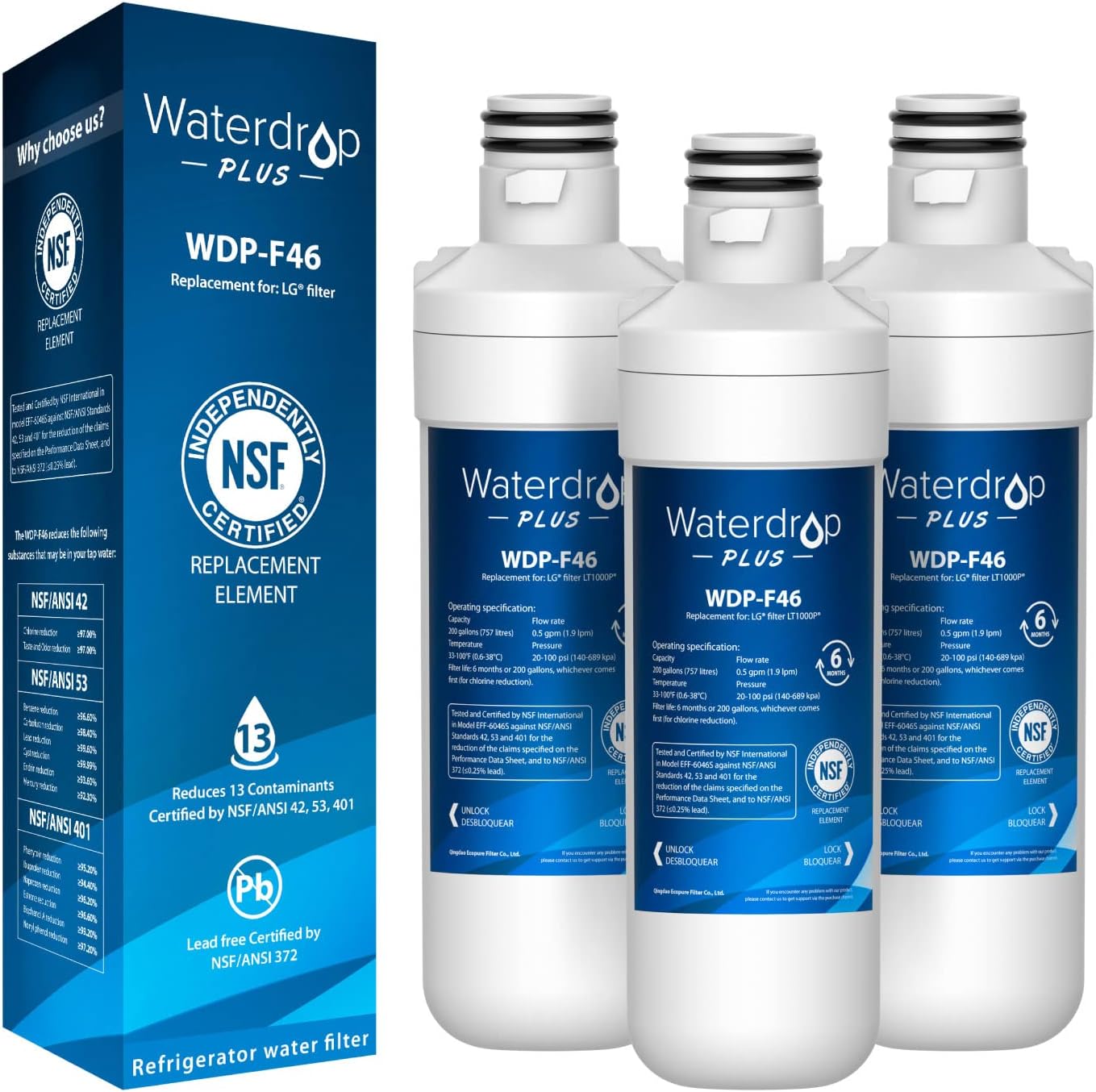 Waterdrop B-WDP-F46-3 Refrigerator Water Filter Whole House 6 Replacement Filter 3 -Pack