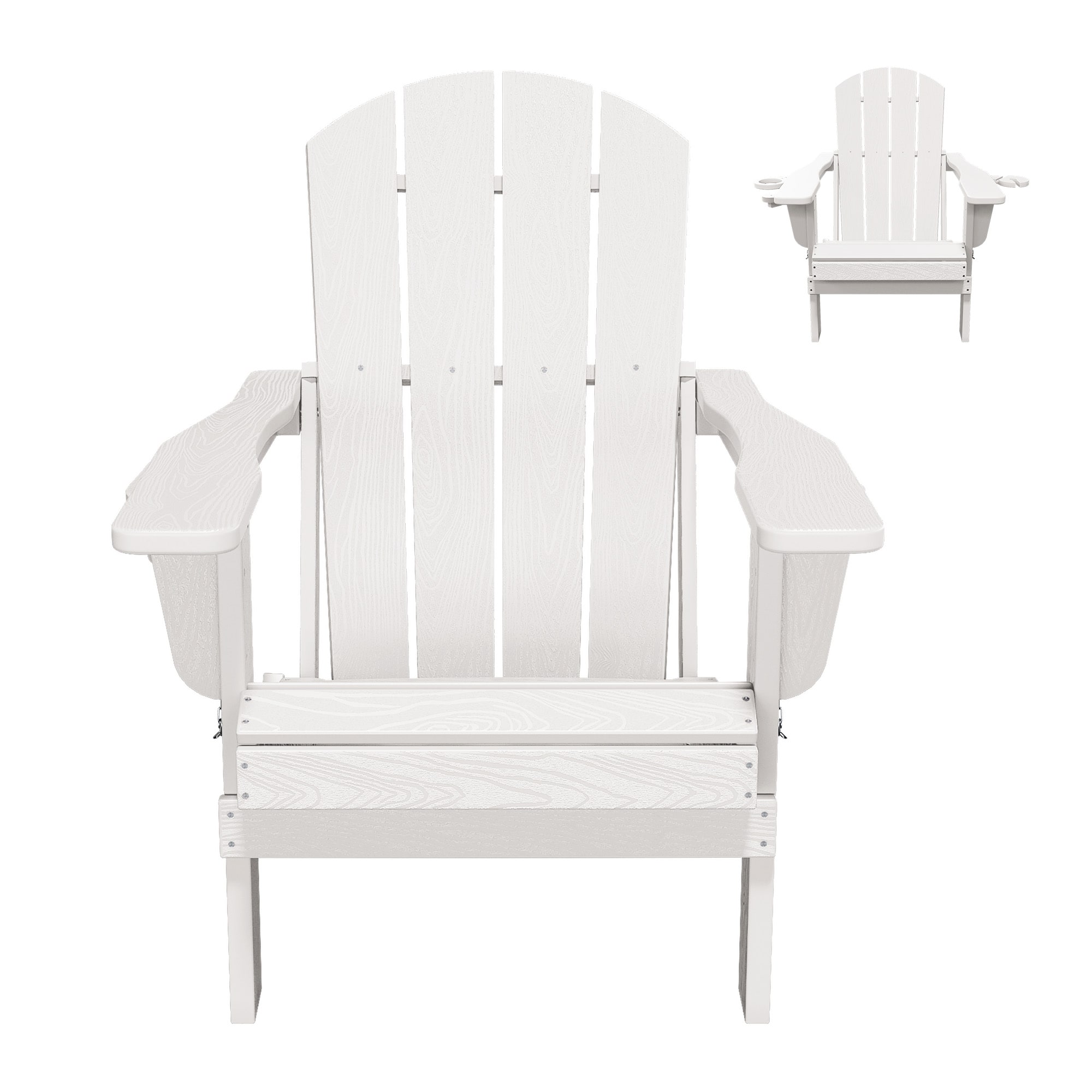 JEAREY ZDY-PE-WE Folding HDPE Plastic Adirondack Chair With Cup Holder White HDPE Frame Stationary Adirondack Chair with Slat Seat