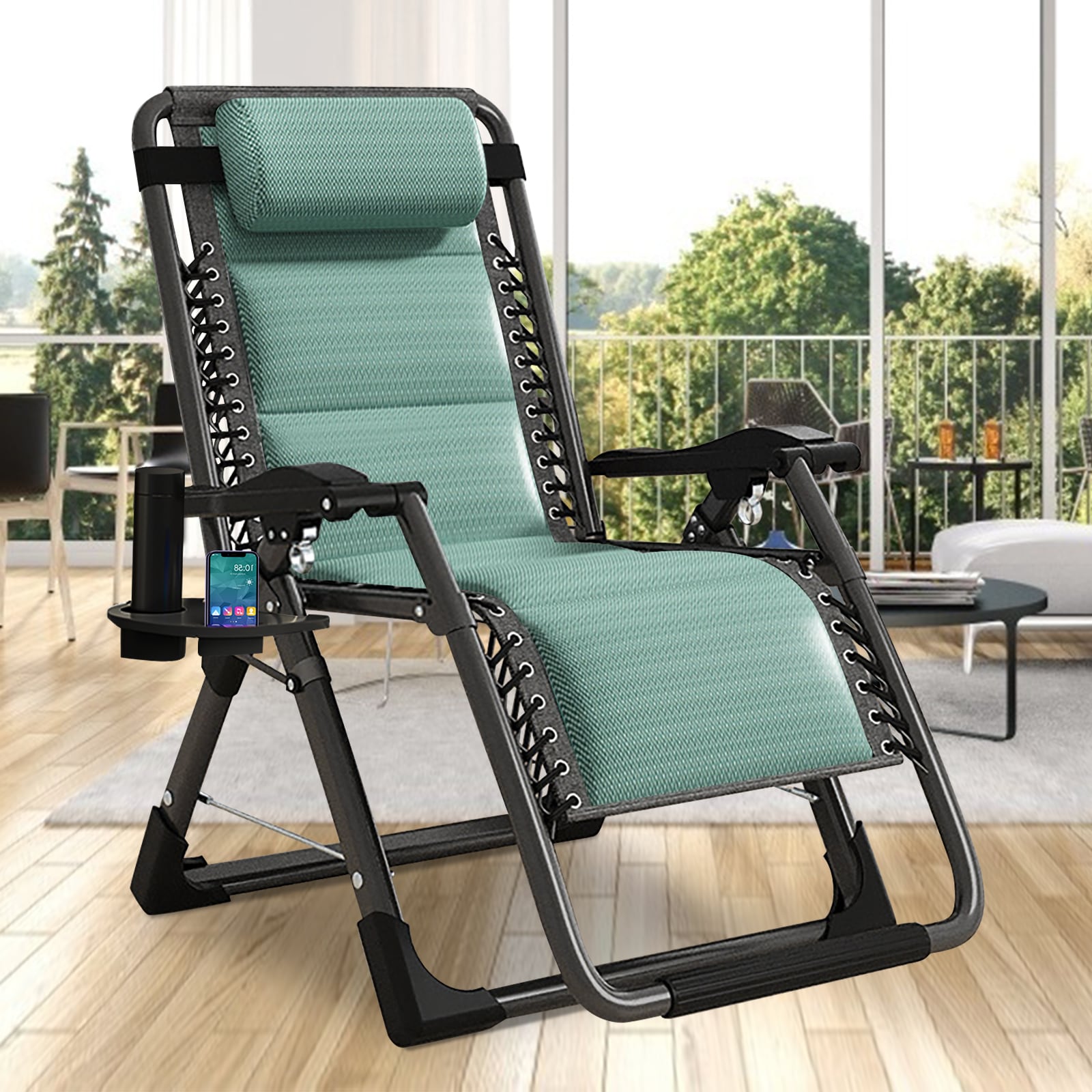 Esazn K16ZDY-29LYU Outdoor Lounge Chair Stackable Green Steel Frame Stationary Zero Gravity Chair with Green Cushioned Seat