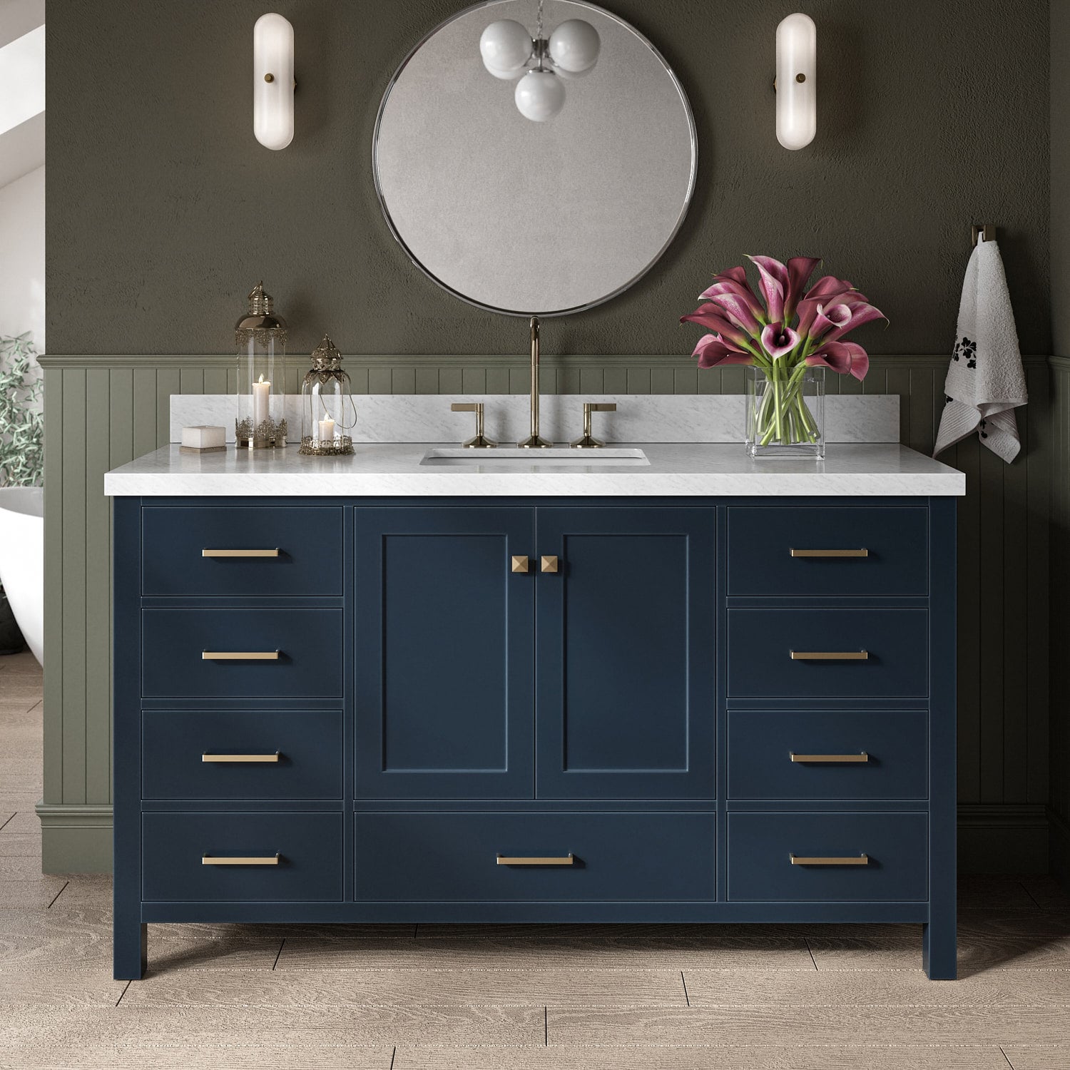 ARIEL A061SCWRVOMNB Cambridge 61-in Midnight Blue Undermount Single sink Bathroom Vanity with Carrara White Marble Natural marble Top