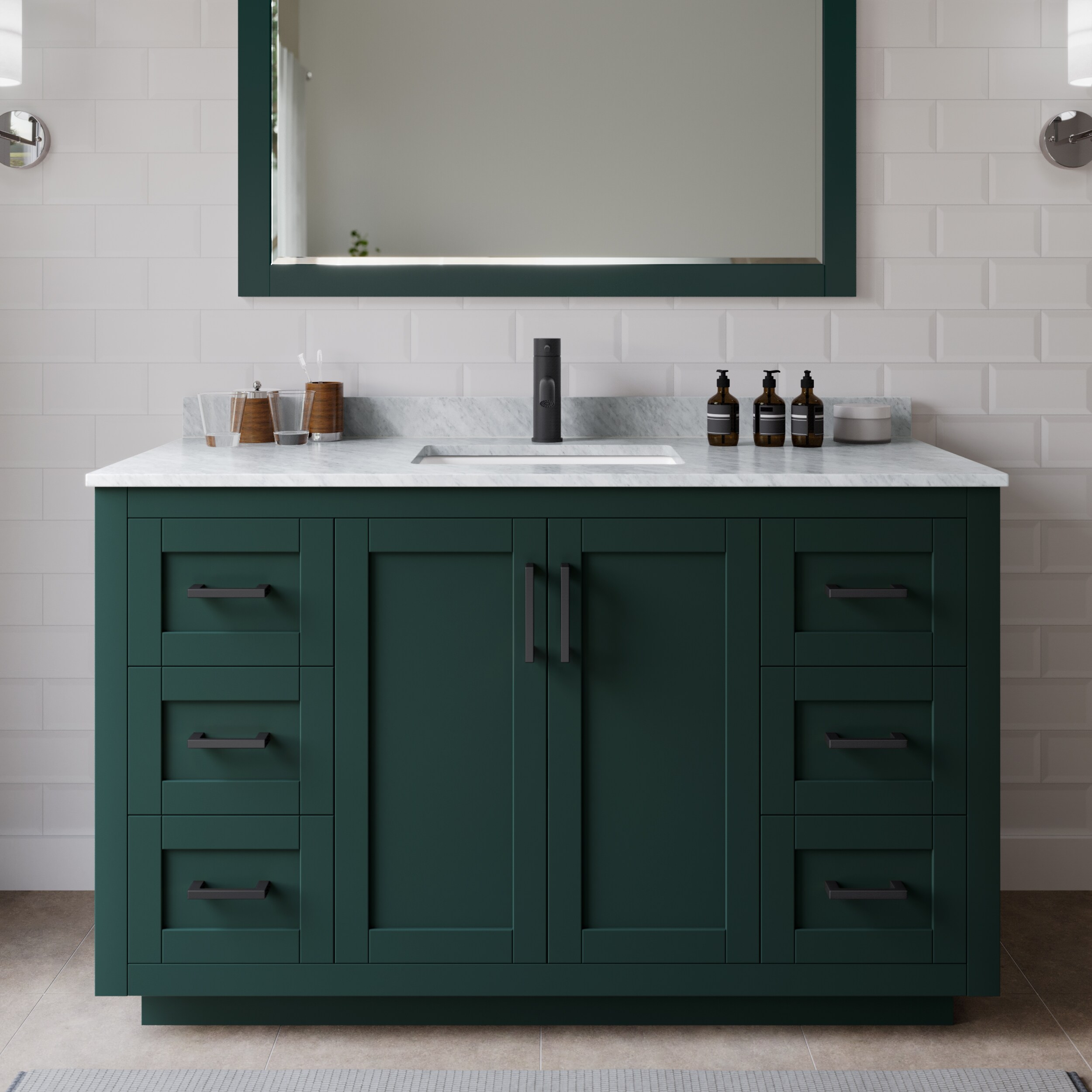 Wyndham Collection WCF292954SGKCMUNSM46 Miranda 54-in Green with Matte Black Trim Undermount Single sink Bathroom Vanity with White Carrara Marble Marble Top (Mirror Included)