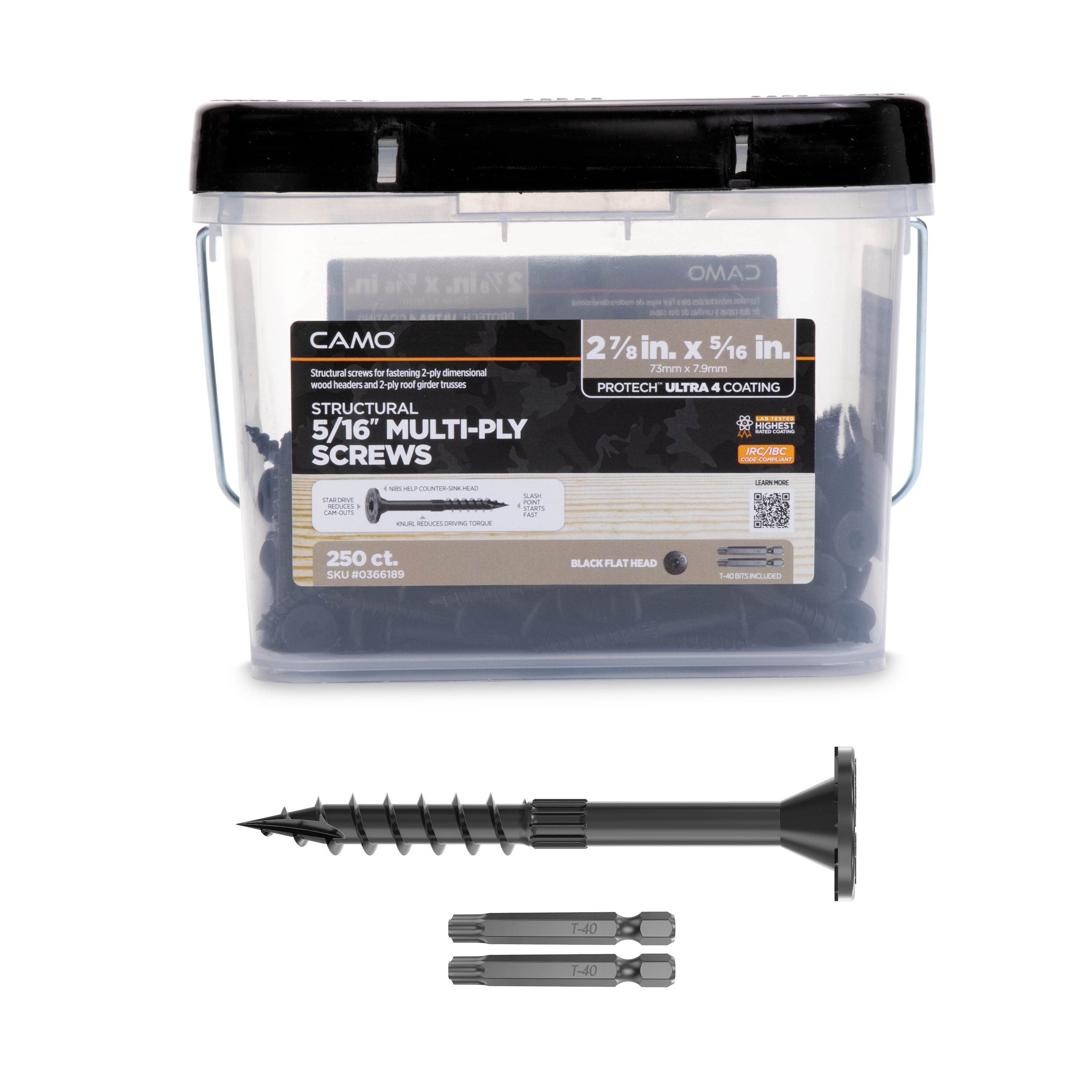 CAMO 0366189 5/16-in x 2-7/8-in Black Polymer Flat -Head Exterior Structural wood screws 250 -Pack