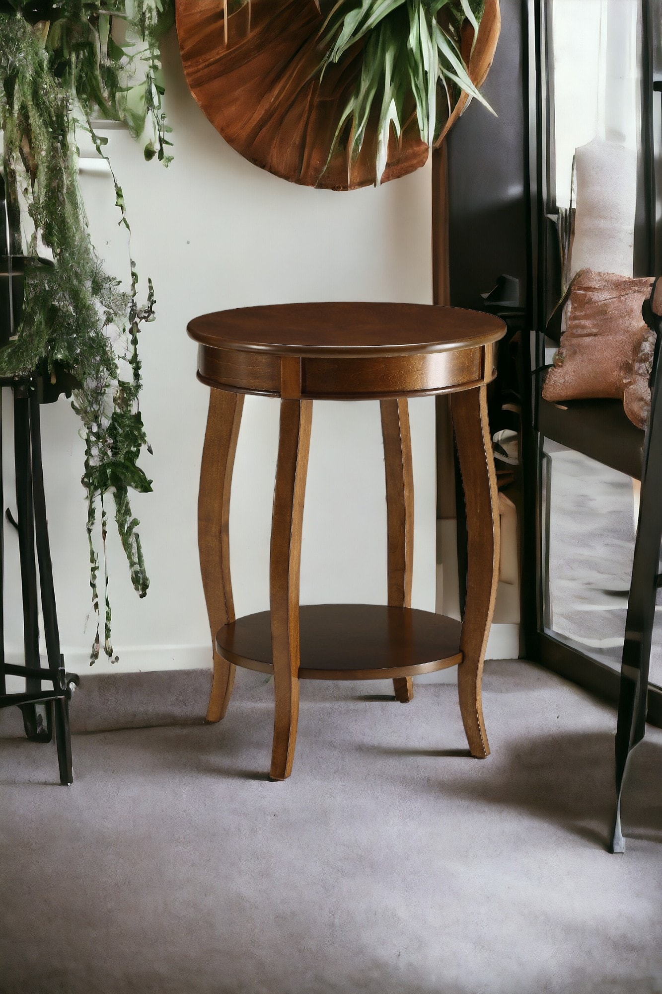 GDFStudio Aberta Classic Accent End Table with Round Tabletop and Elegant Cabriole Legs - Walnut Finish