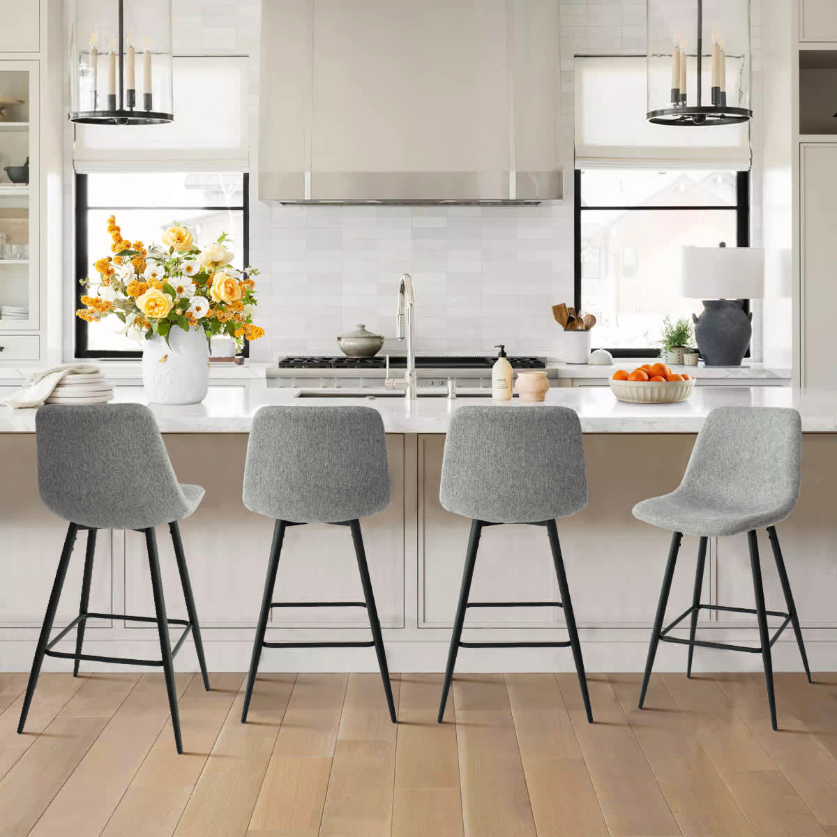 Maison Boucle BINGO-MB-GREY-4 Set of 4 Gray Upholstered 26-in H Counter Height Stools with Black Metal Legs for Kitchen Island