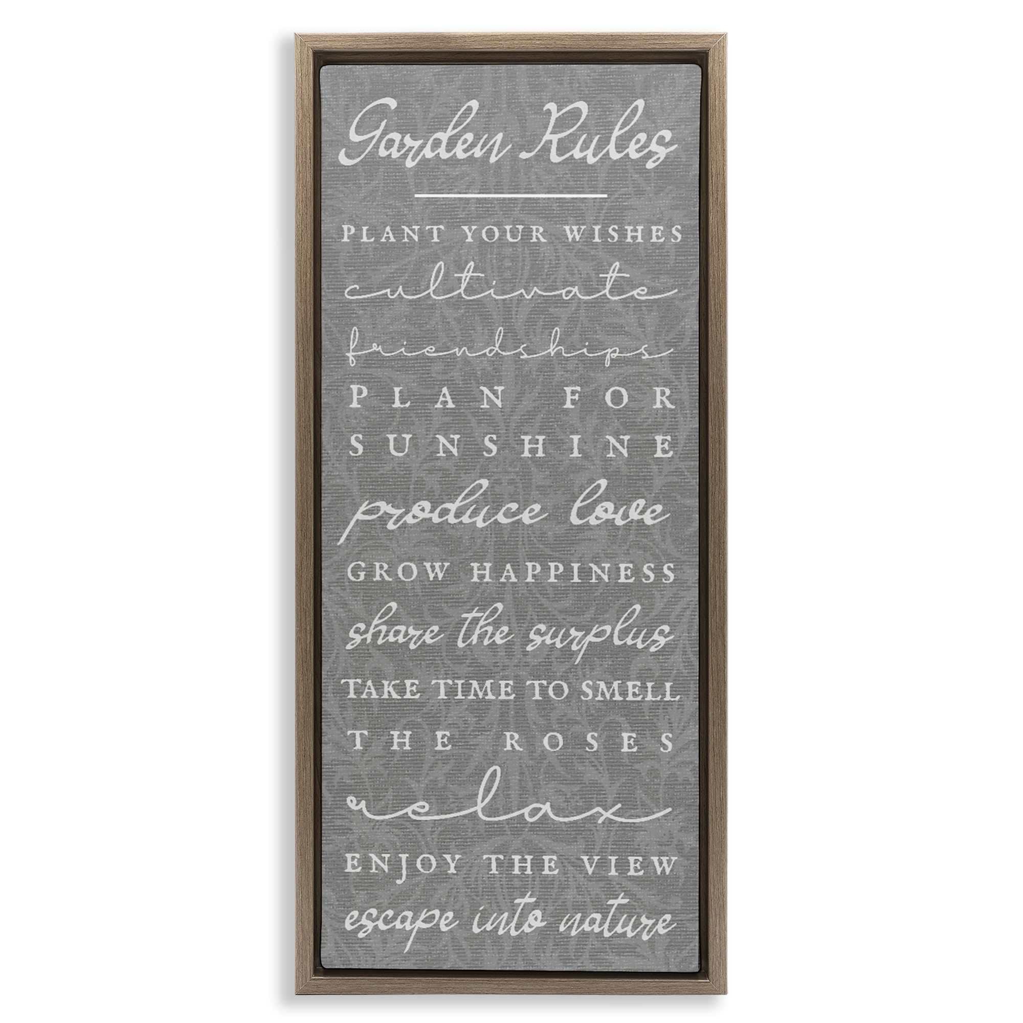 Stupell Industries BT-169-FFE-10X24 Comforting Garden Rules Brown Framed Floater Canvas Wall Art By Lil' Rue 11 x 25