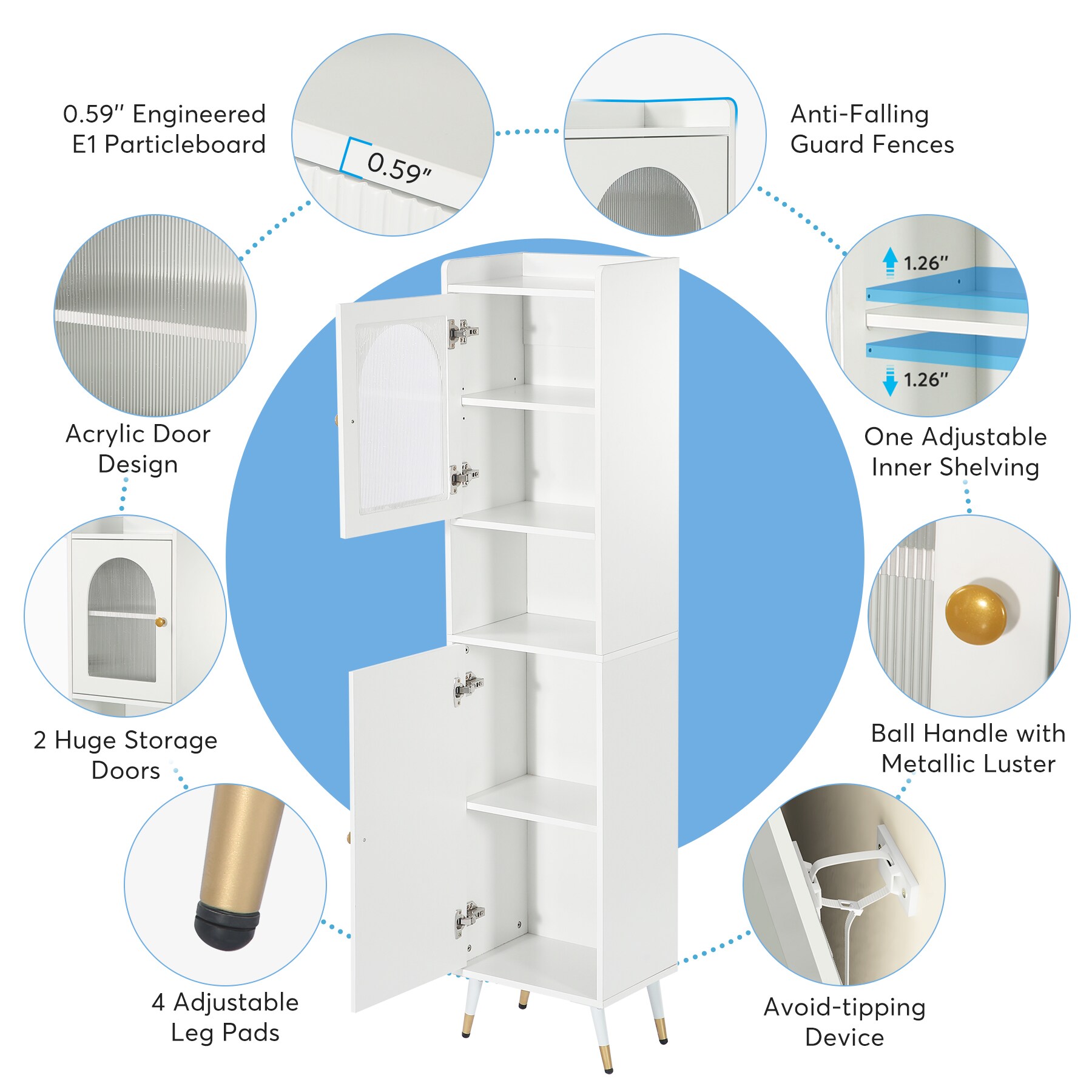 Tribesigns White and Gold Metal 6-Shelf Corner Bookcase with Doors (15.75-in W x 73.22-in H x 15.75-in D) Unfinished | HOGA-NY051