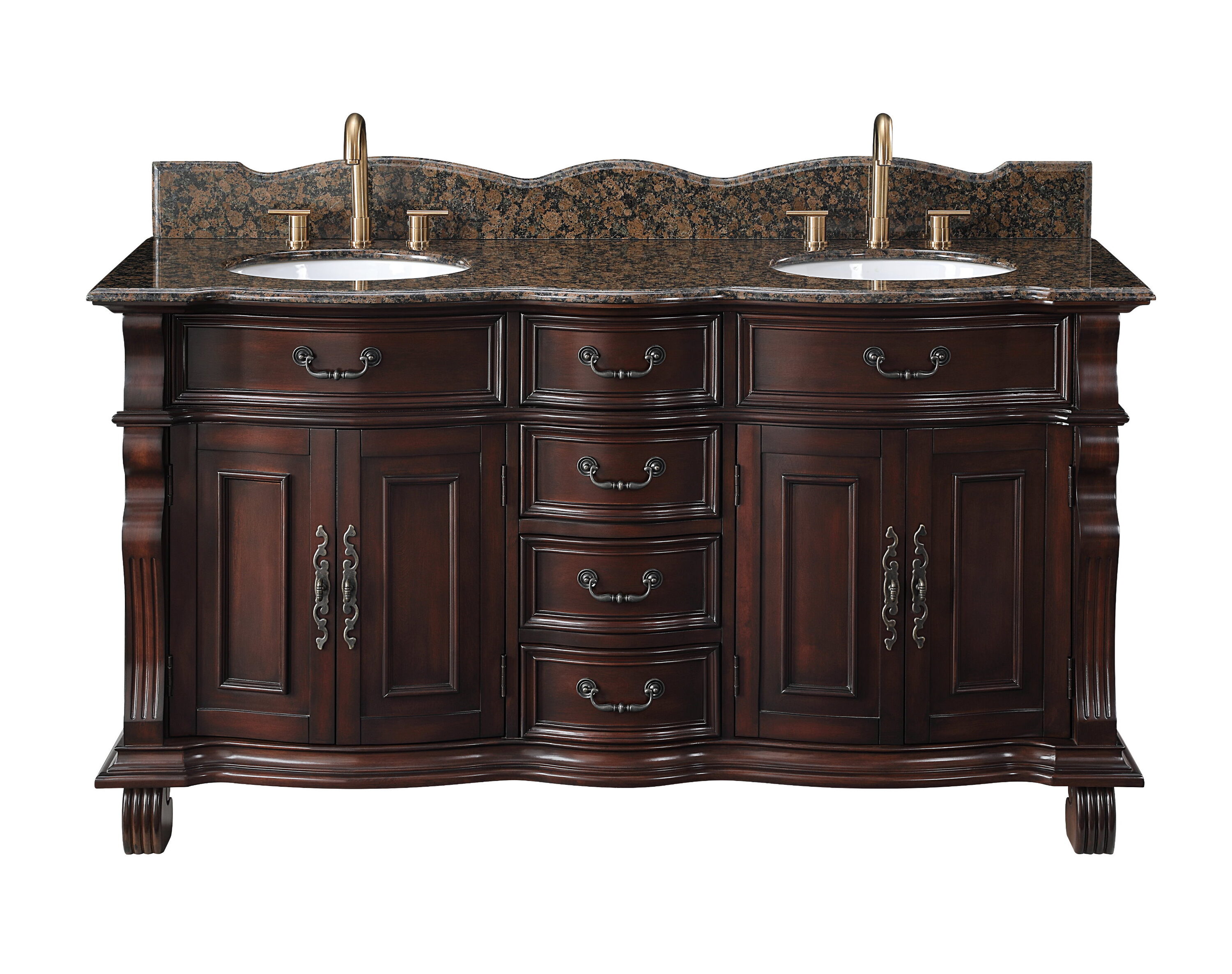 Chans Furniture 60 inch Antique Style Cherry Wood Hopkinton Bathroom Sink Vanity With Baltic Brown Top