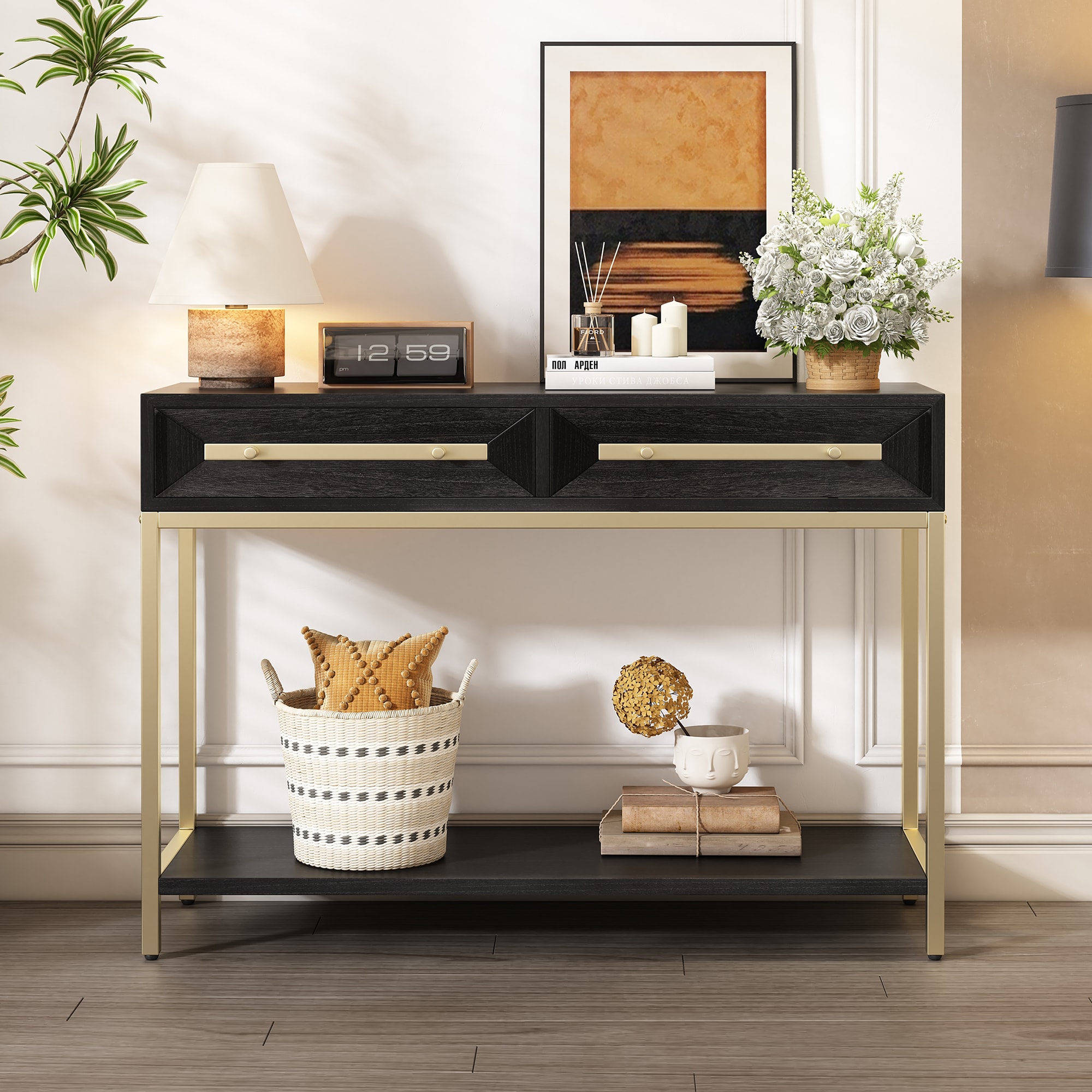 ModernLuxe N715P227910B Entryway Table Console Table with Two Drawers Retro Hallway Table with Striking Geometric Design for Entryway and Living Room Black