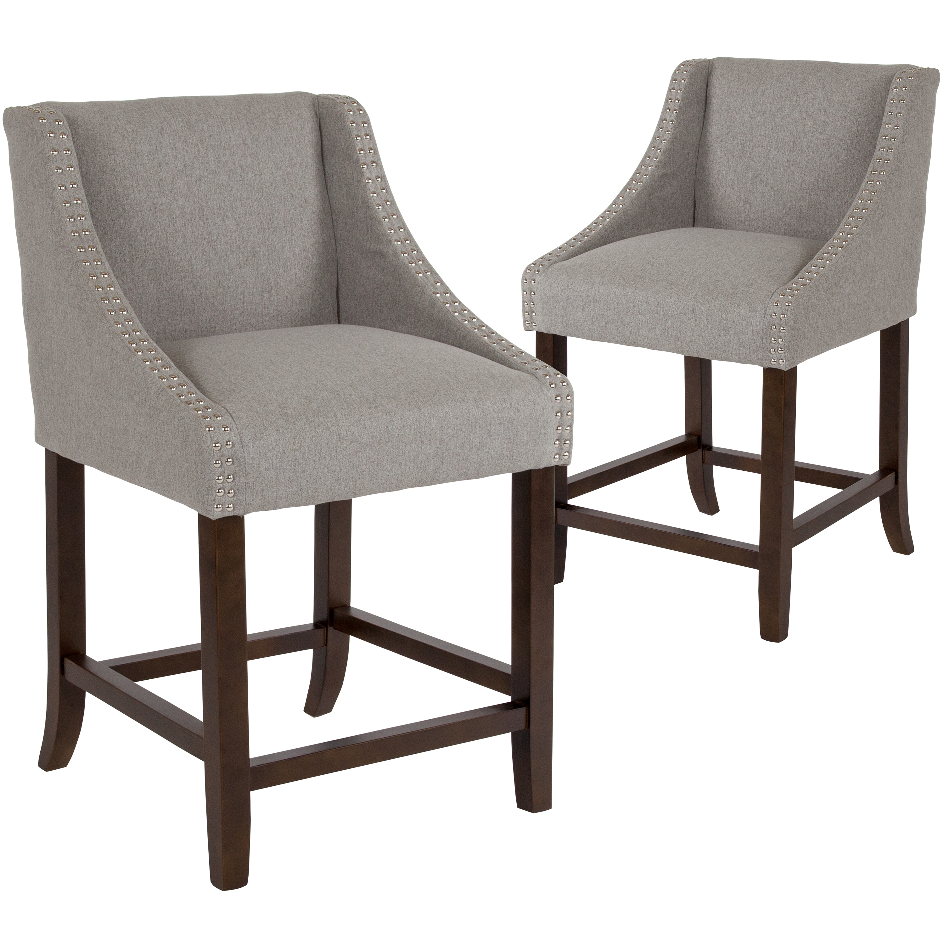 Flash Furniture 889142876625 Carmel Set of 2 Light Gray Fabric 25-in H Counter height Upholstered Wood Back Bar Stool with Arms and Back