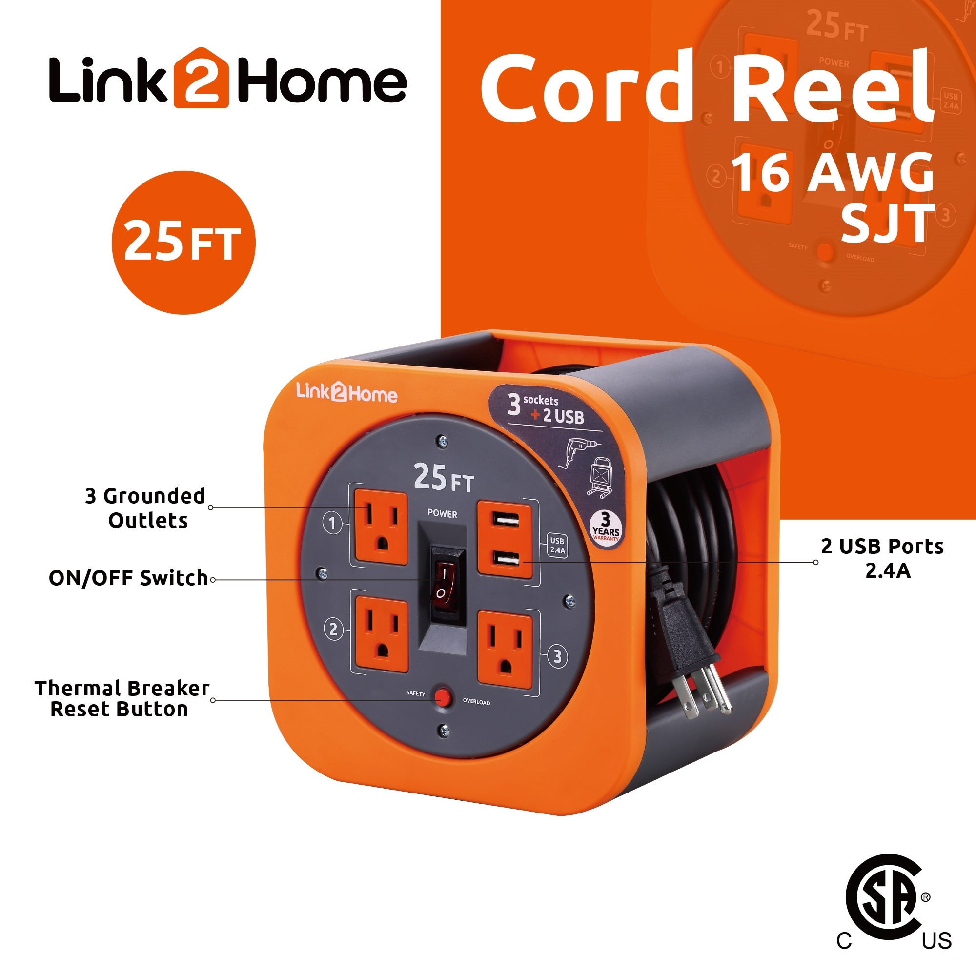 LINK2HOME Cord Reel Power Management 25-ft 16/3 3-Prong Indoor SJT