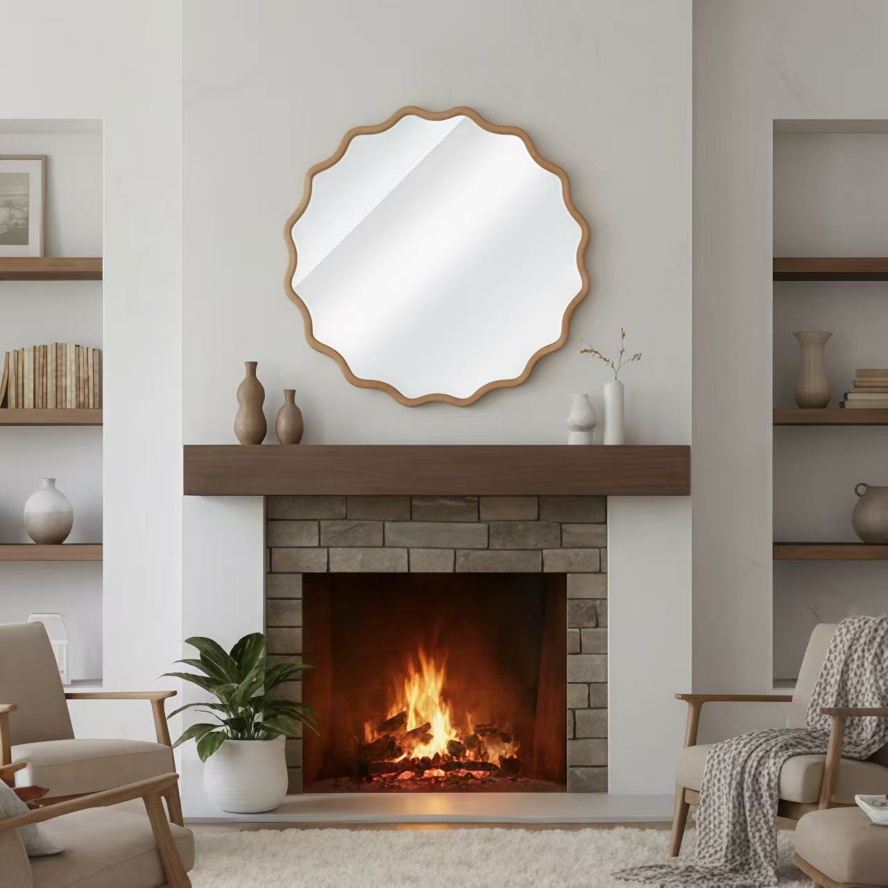 Huluwat Natural Wood Color 24 inch Wavy Round Solid Wood Frame Decorative Mirror