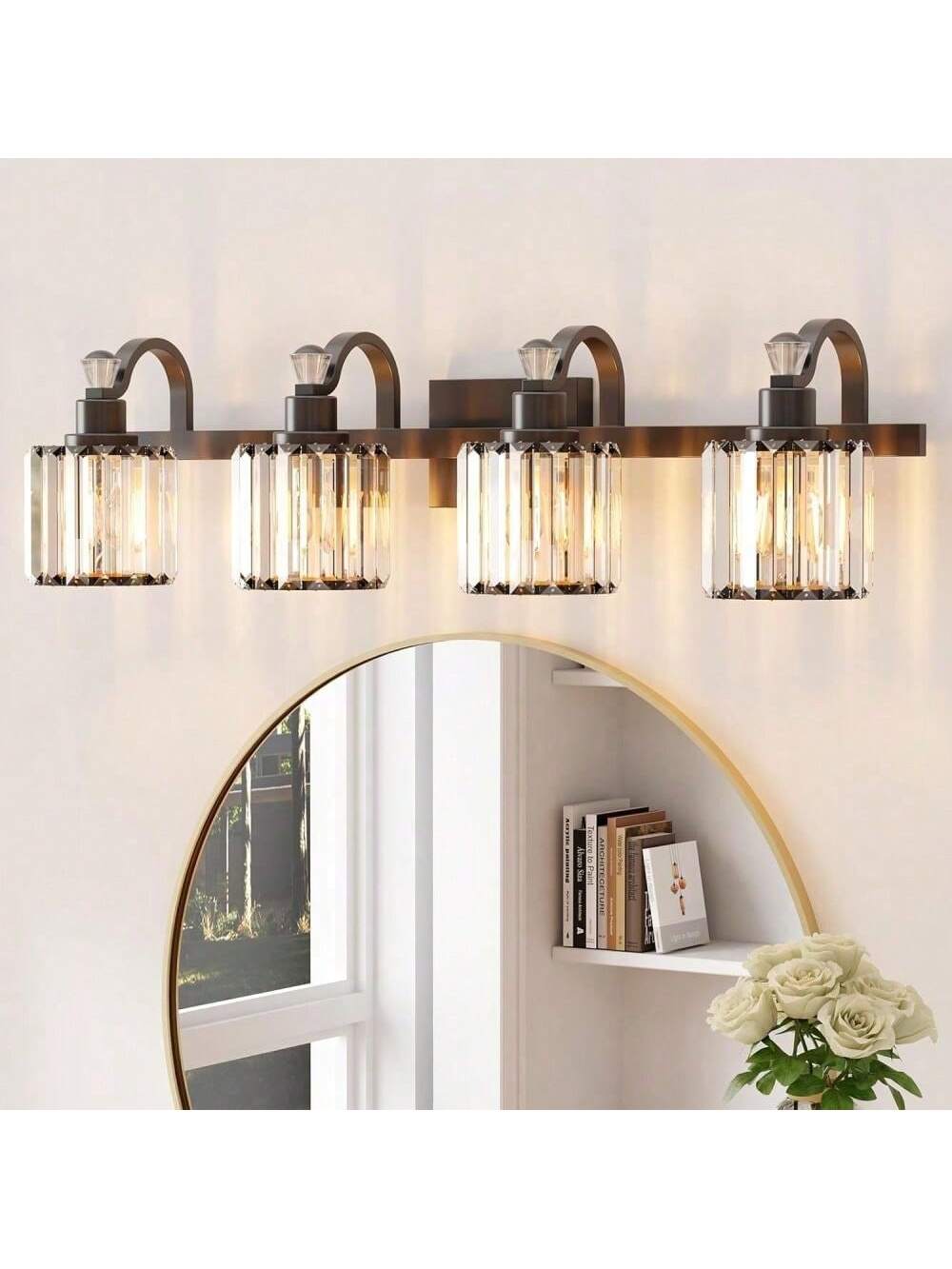 Qeetex PHO-156KVGTO-HF4 4 lamp Crystal Matte Black Bathroom Vanity Lights. Modern Bathroom Vanity Light Fixtures Mirrored Bathroom Wall Lights. E26 Base