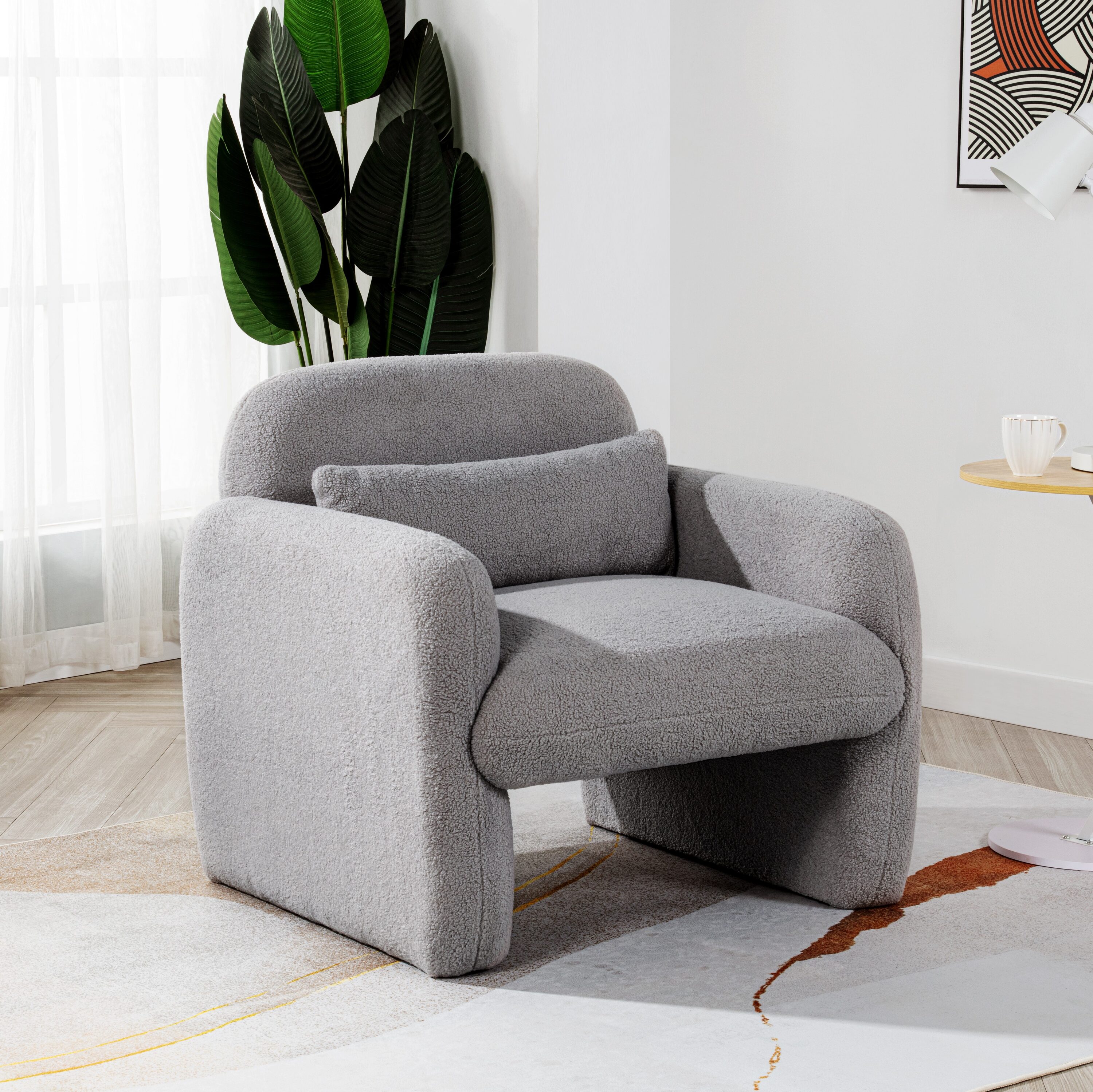 LOVMOR SF-M-W1716P196466 Stylish and Minimalist Teddy Fleece Single Sofa Chair with Arms and Pillow Armchair Accent Chair for Living Room Bedroom Study Grey