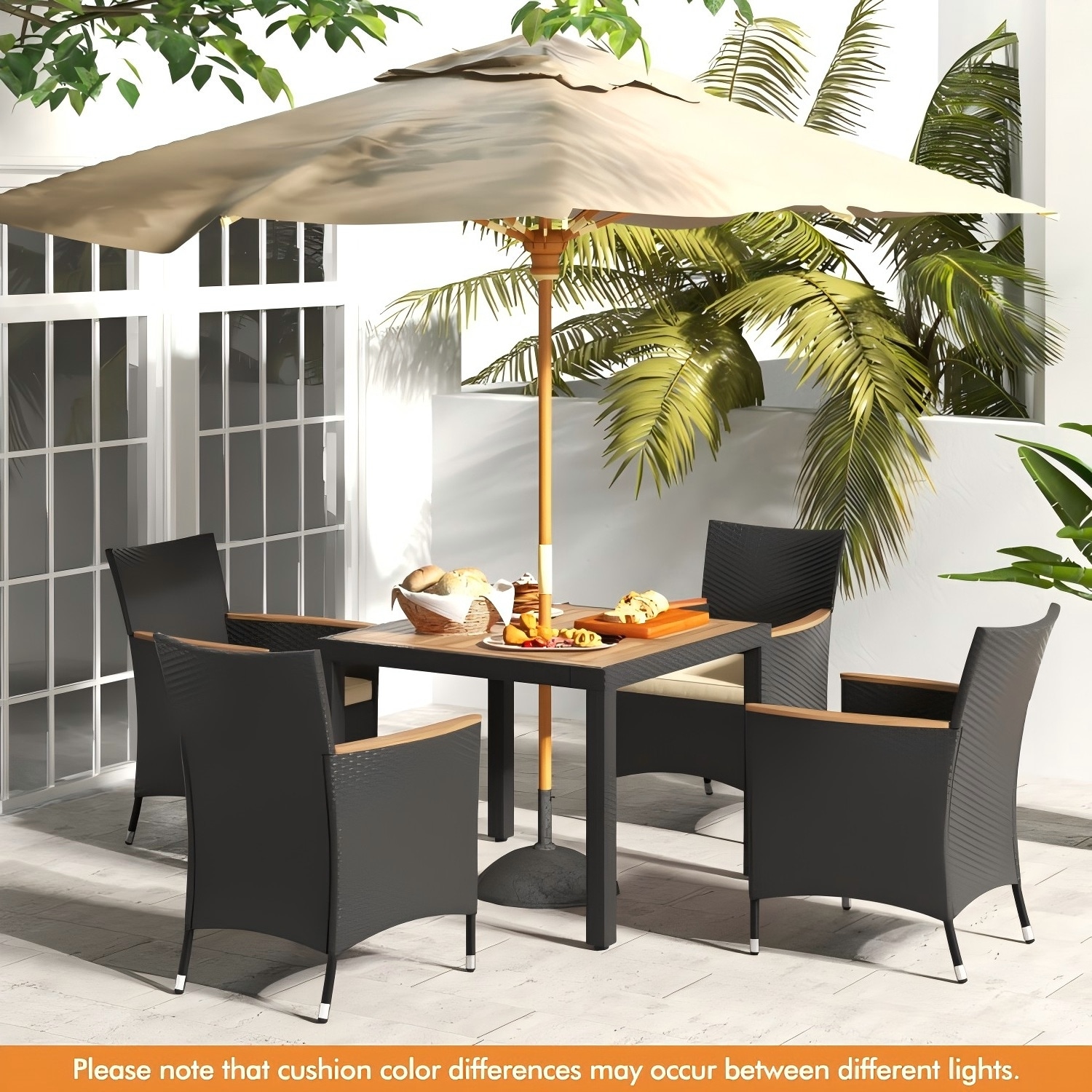 Forclover HBV-6855C Patio Dining Sets 5 -Piece Black Rattan Patio Dining Set Wood Square Table with 4 Black Cushions Stationary Chairs