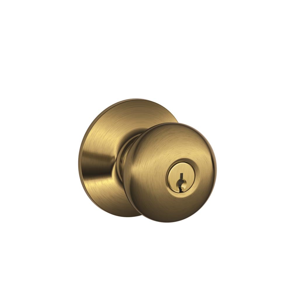 Schlage F51APLY609 F Series Antique Brass Traditional Interior/Exterior Keyed entry door knob Single pack