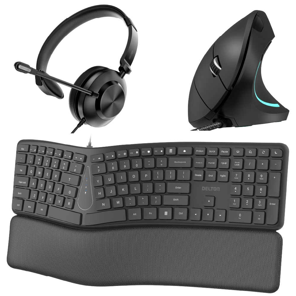 Delton KBE250 Ergonomic Wired Keyboard Vertical Mouse and USB A USB C Noise Cancelling Headset Black #DKBE250BD2