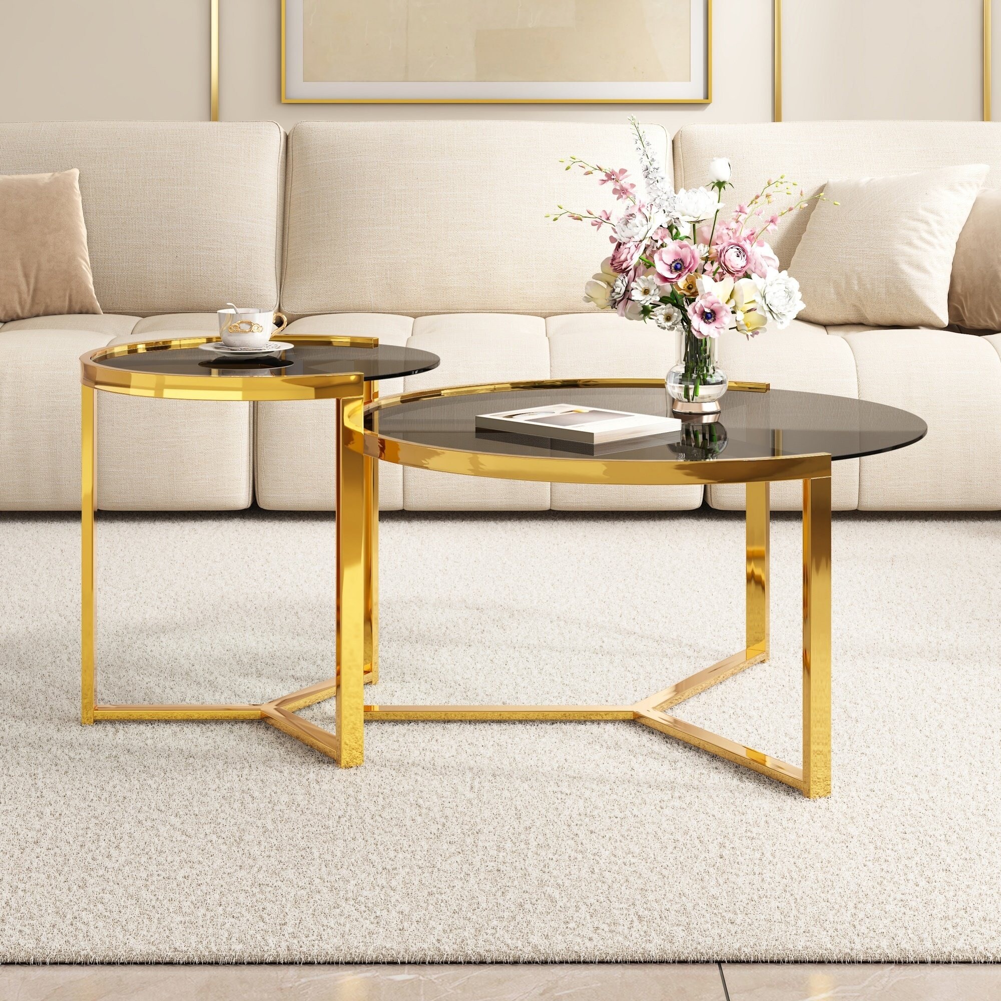 UOI 32 inch Gold and Black Tempered Glass Nesting Coffee Table Set with ...