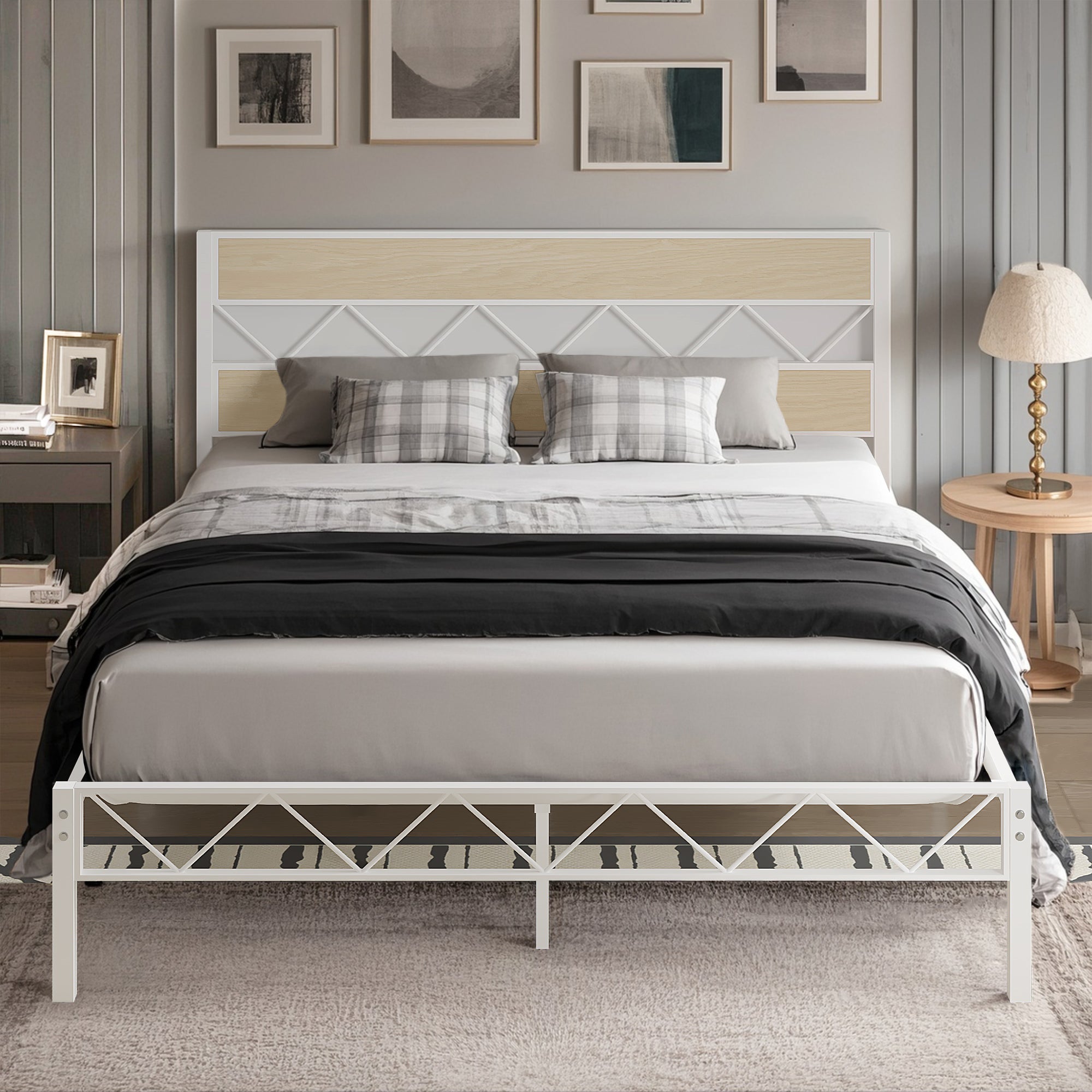 Vecelo LOE-RB-Q32-NTW Queen Size Bed Frame with Headboard Heavy Duty Platform Bed frame with Metal Slats Support Easy Assembly